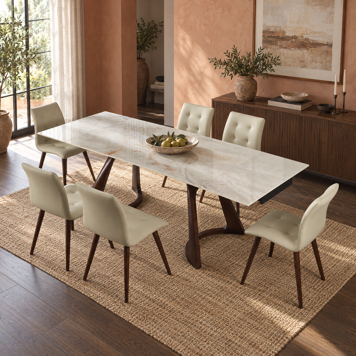 Retractable Expandable Sintered Stone Solid Wood Dining Table Modern Design 6-Piece Dining Room Set Dark Walnut Finish Heat — Walnut