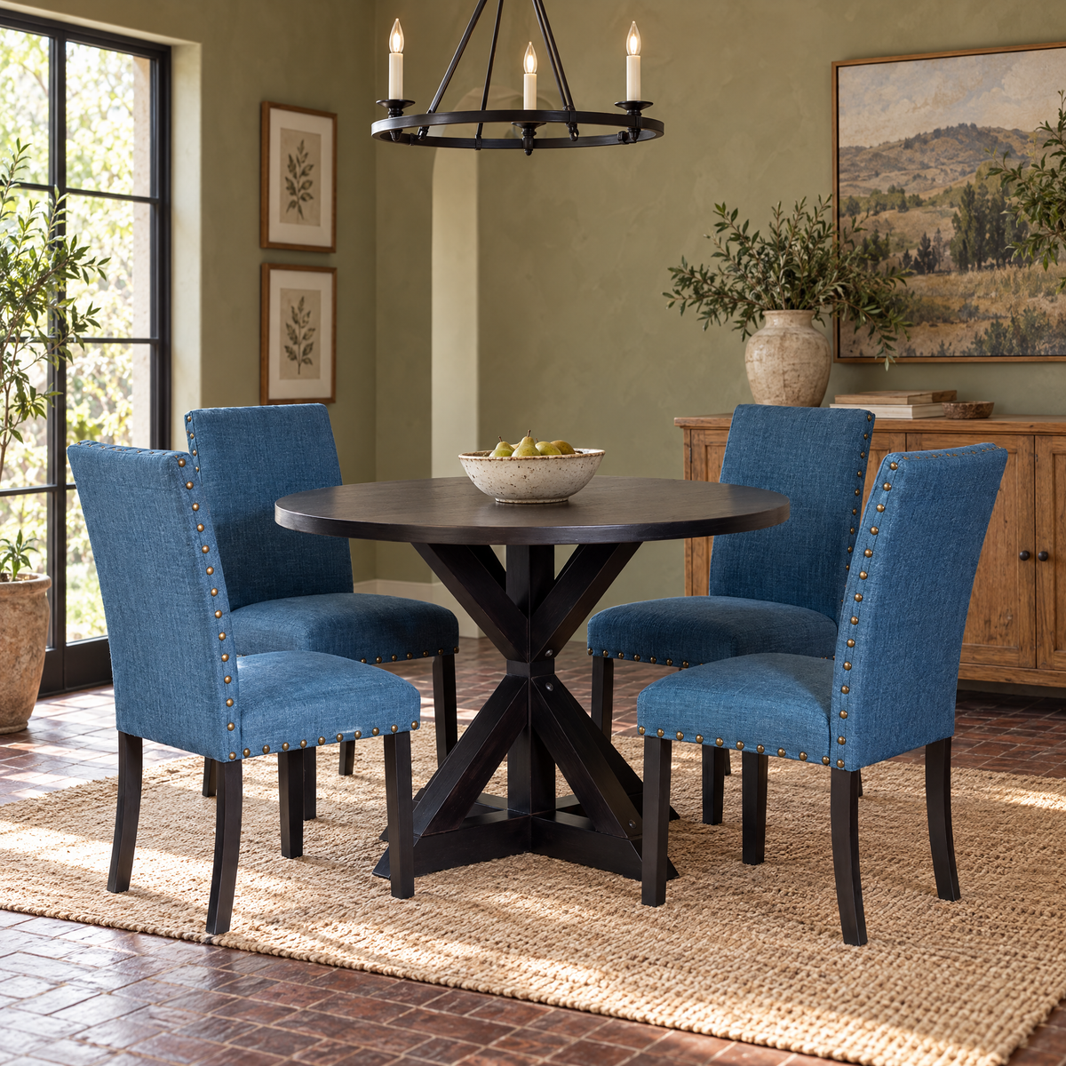 5-piece Dining Set, Cross-Buck Dining Table with 4 Stylish Chairs — Blue + MDF + Rubberwood