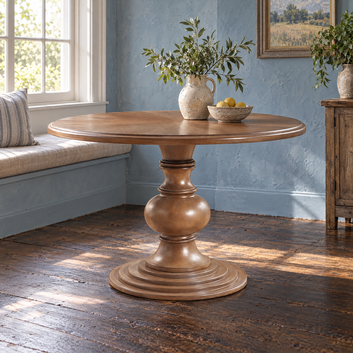 46" Round Pedestal Dining Table Walnut Modern Solid Wood Assembled — Walnut