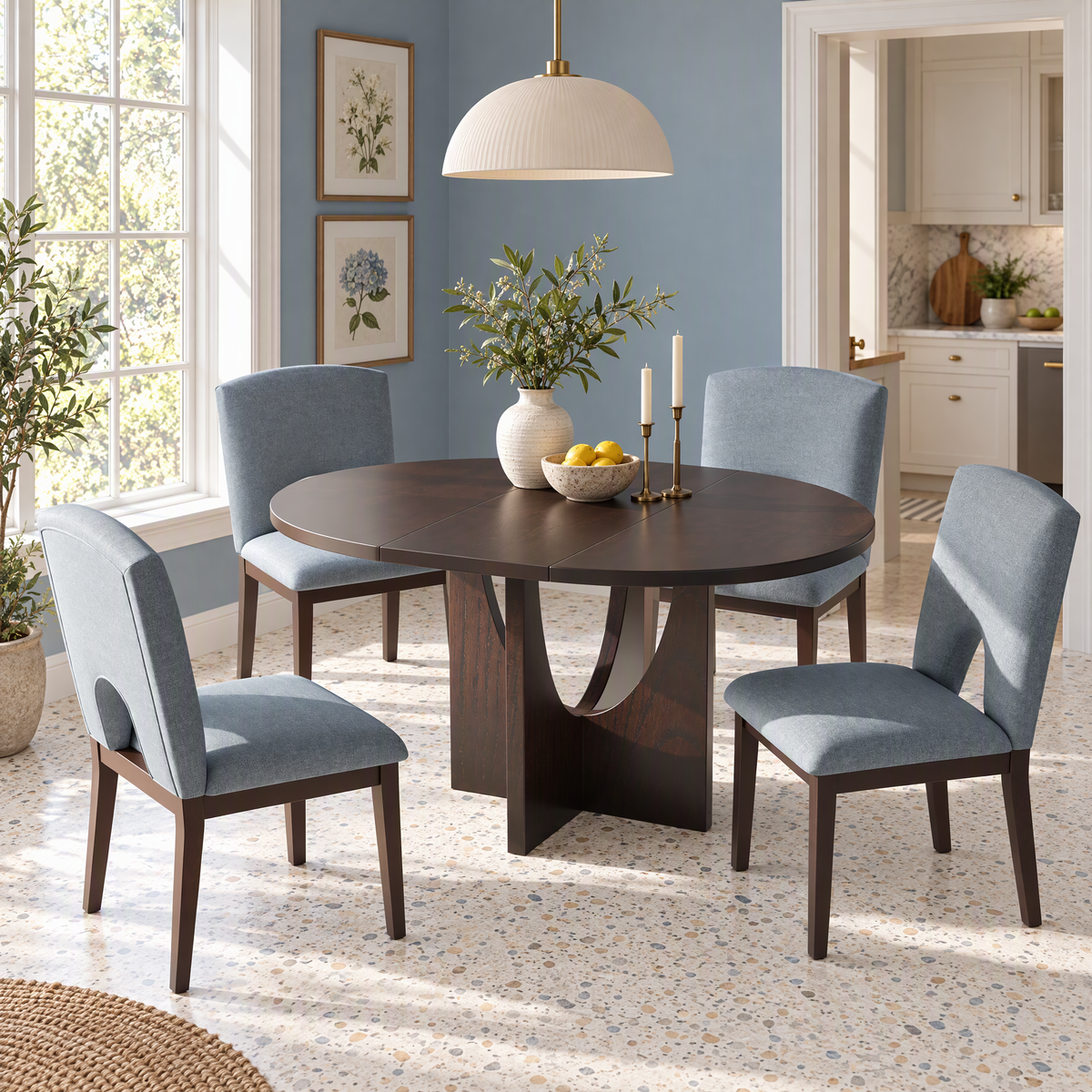 Dark oval dining table and four blue-gray chairs — Color