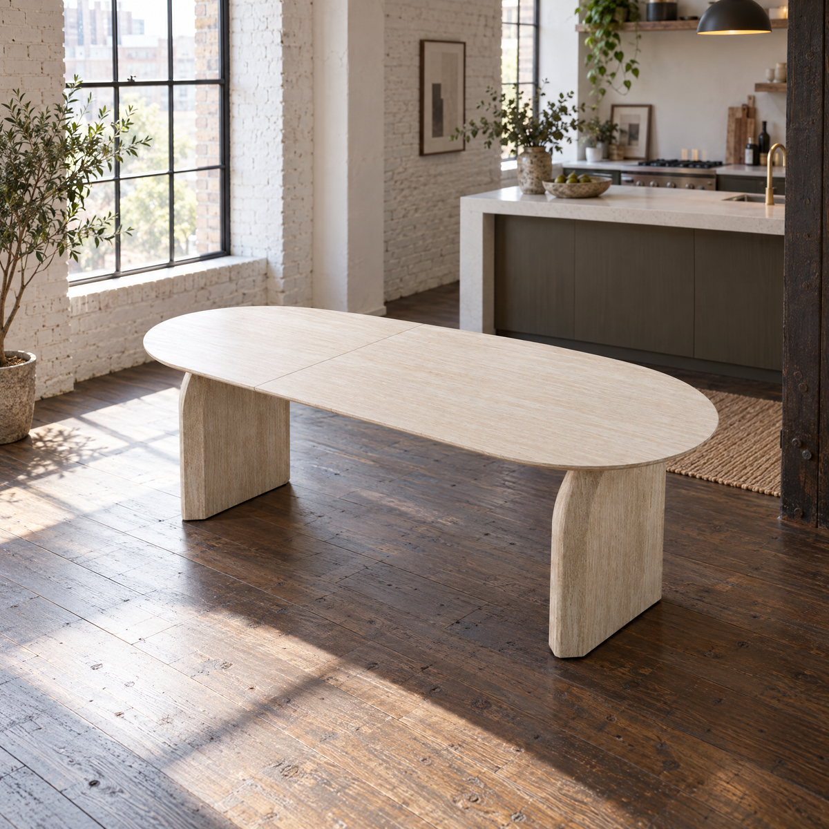 MDF Extendable Dining Table Modern Oval Design with Dual-Pillar Legs Durable & Eco-Friendly for Home Dining Bar Gathering — White