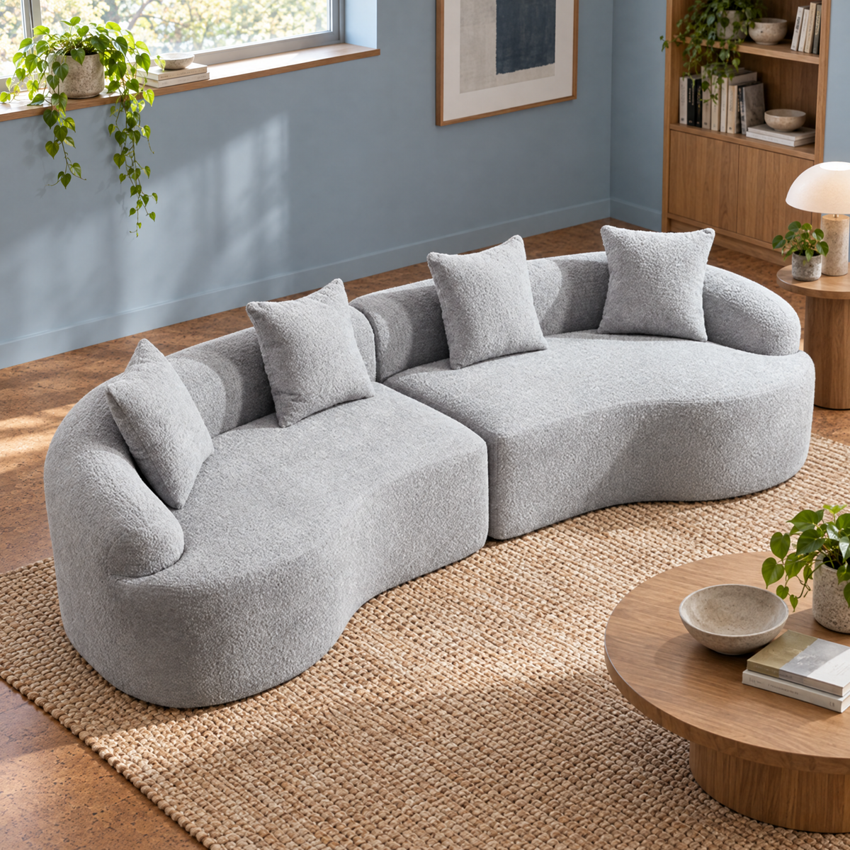 Modern Cloud 4-Seater Sectional Curved Sofa Factory Direct Chenille Green Minimalist Living Room Couch Convertible No Assembly — Grey + Chenille + 4 Seat + Foam