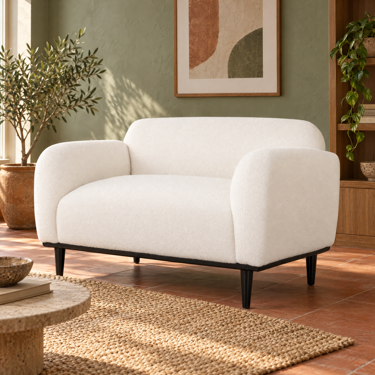 Boucl Fabric Loveseat Sofa 50 Inch White Upholstered 2-Seater Black Legs Comfortable Stylish Living Room Apartment Hotel — White