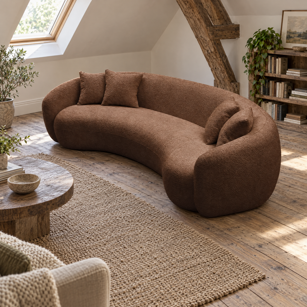 Luxury Commercial Boucle Tufted Sofa Set Five Seater Curved Sectional for Hotel Lobby VIP Lounge Waiting Area Villa Apartment — Brown