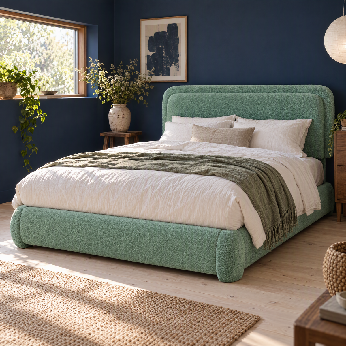 Light Luxury Style Wooden Frame Upholstered Bed Furniture for the Master Bedroom, Modern Design Bedroom King-size Bed — Green