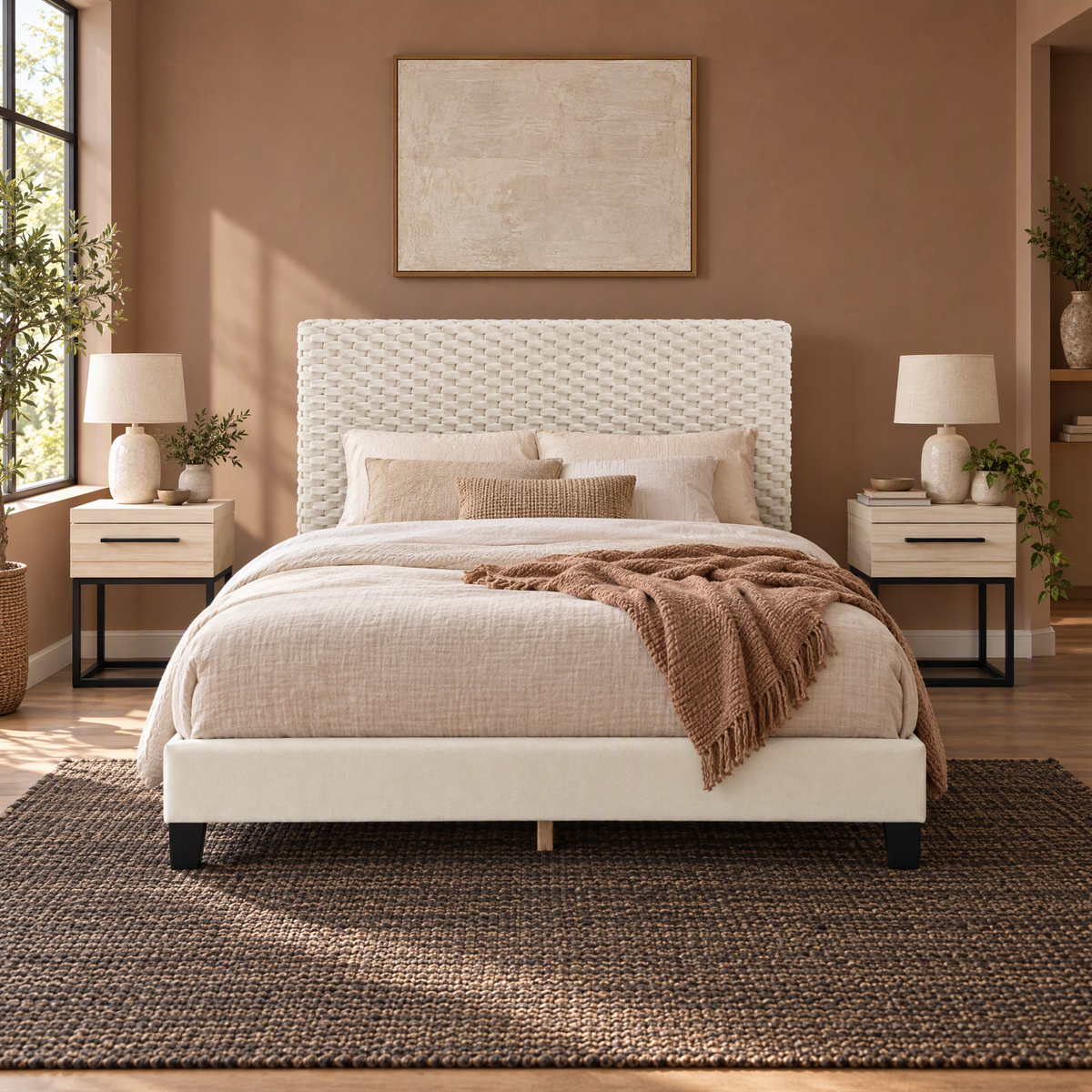 Textured ivory bed and two nightstands — Color