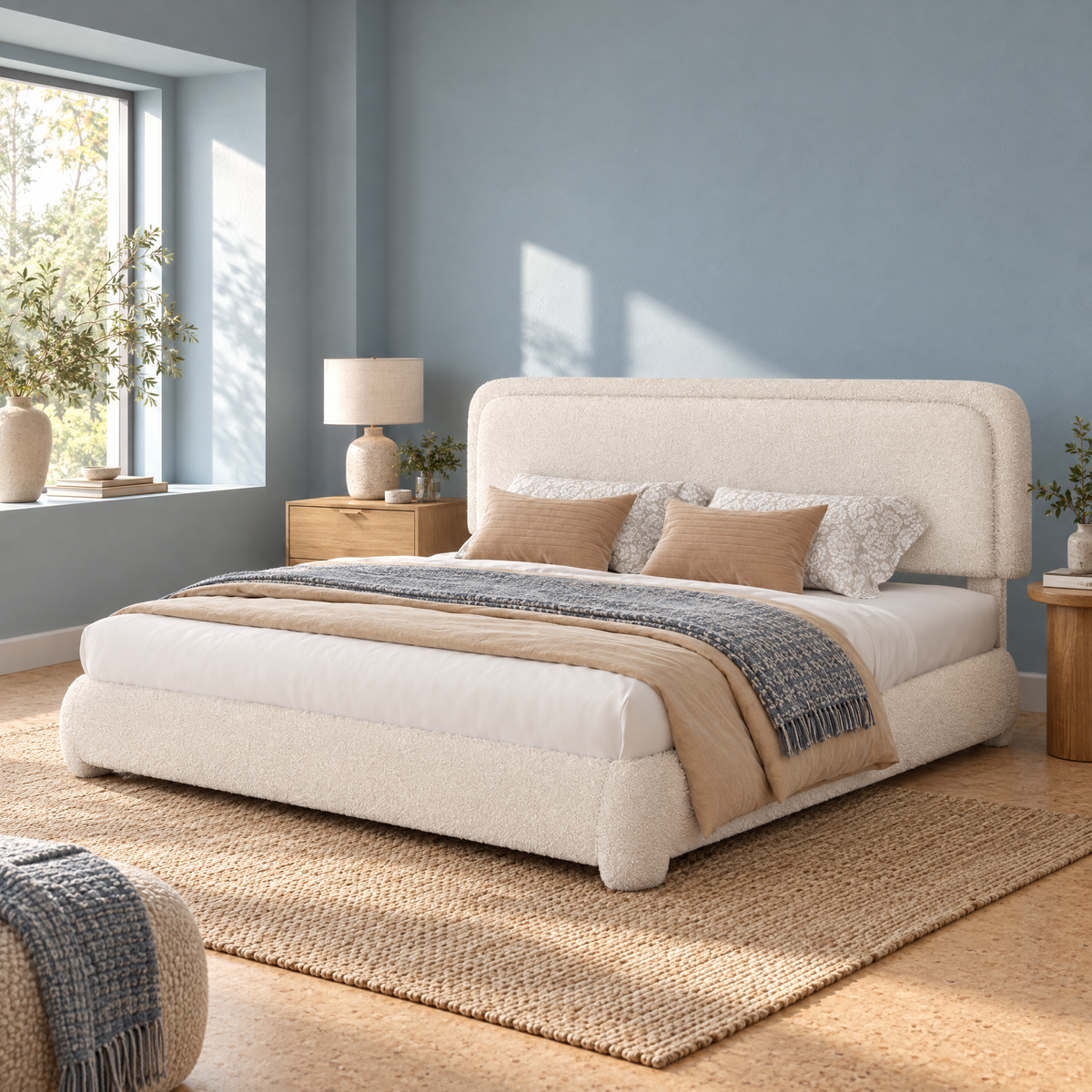 Rounded layered-headboard boucle beds — Rice White
