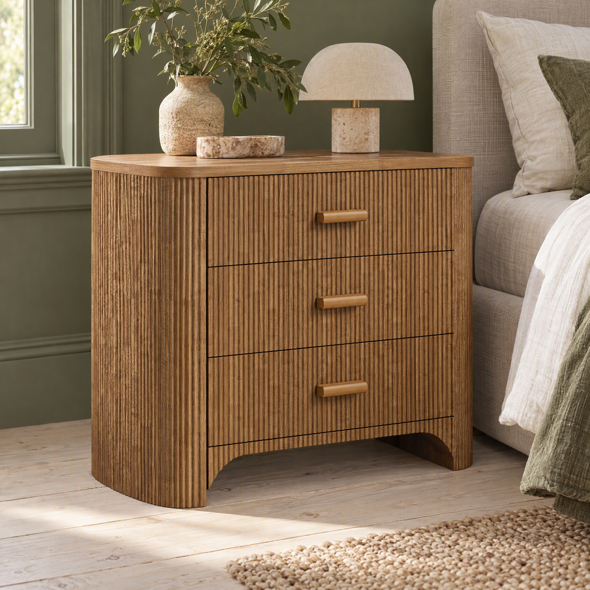 High Quality French Contemporary Style Minimalist Solid Wood Oak Three Drawer Closed Nightstand — Oak