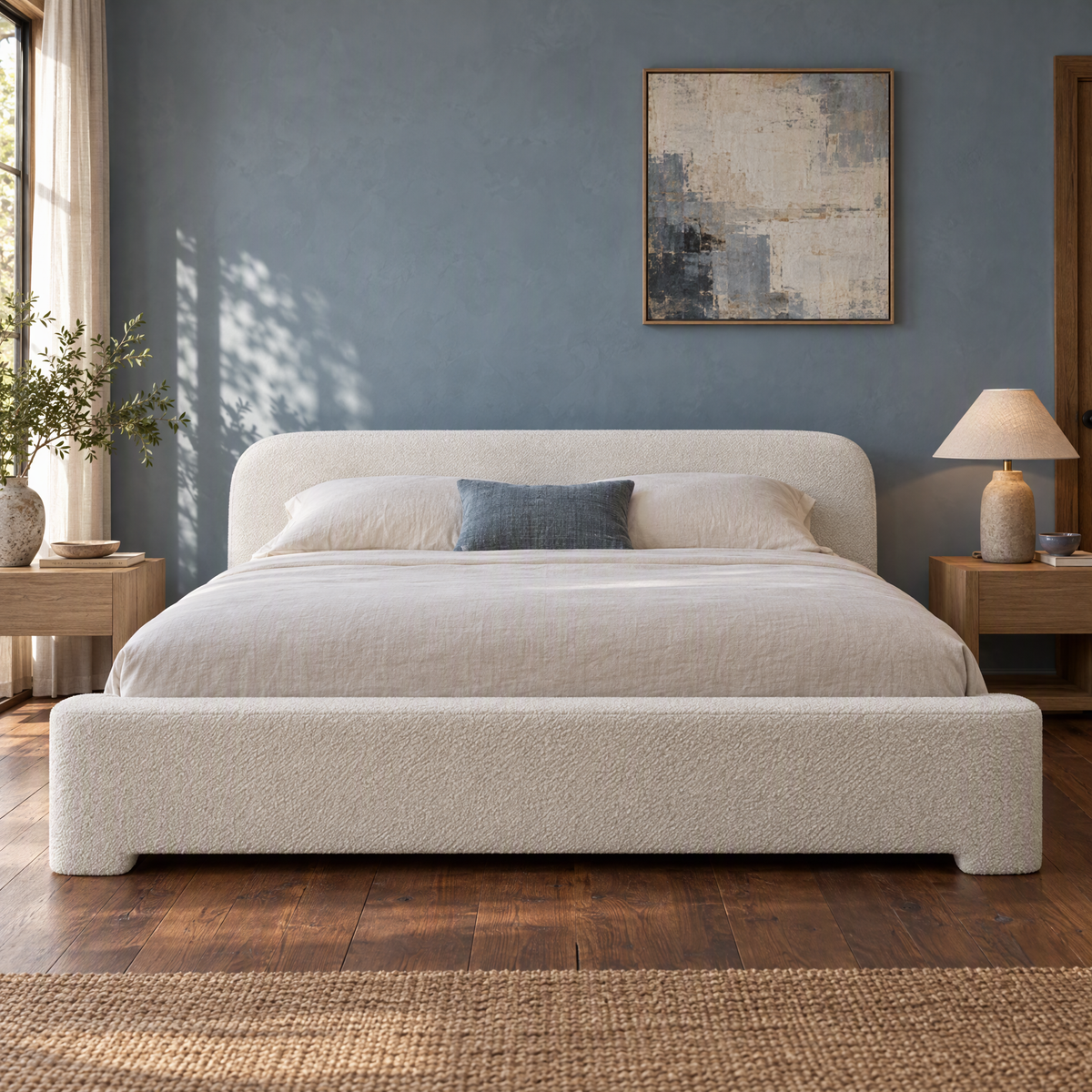 Queen Size White Boucle Upholstered Bed - No Box Spring Needed, Engineered Hardwood Frame Foam Filled Soft Bed for Bedroom — White