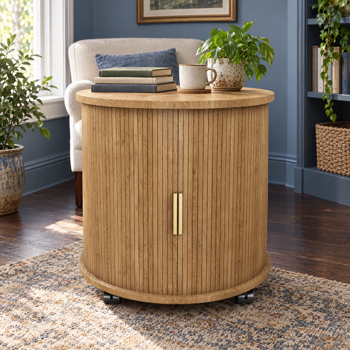 Midcentury Round Fluted Side Cabinet with Wheels Wooden Nightstand Storage End Table with Gold Pull Handle Home Bedroom — Wood color