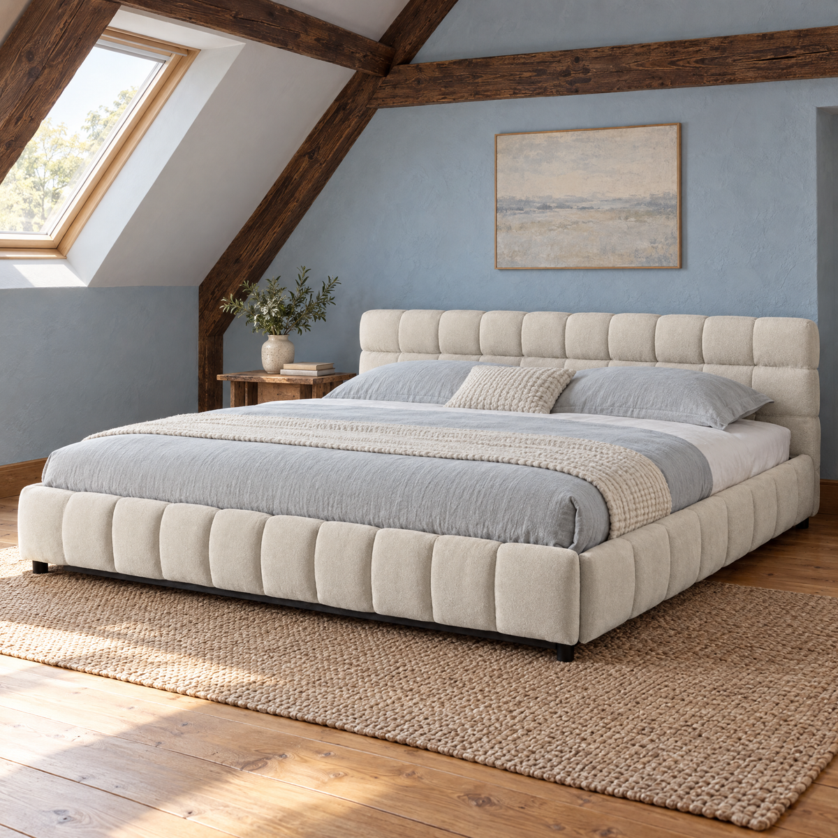Modern King Size Adjustable Upholstered Bed with Chenille Fabric Comfortable Headboard and Solid Wood Frame Eco-Friendly — Beige