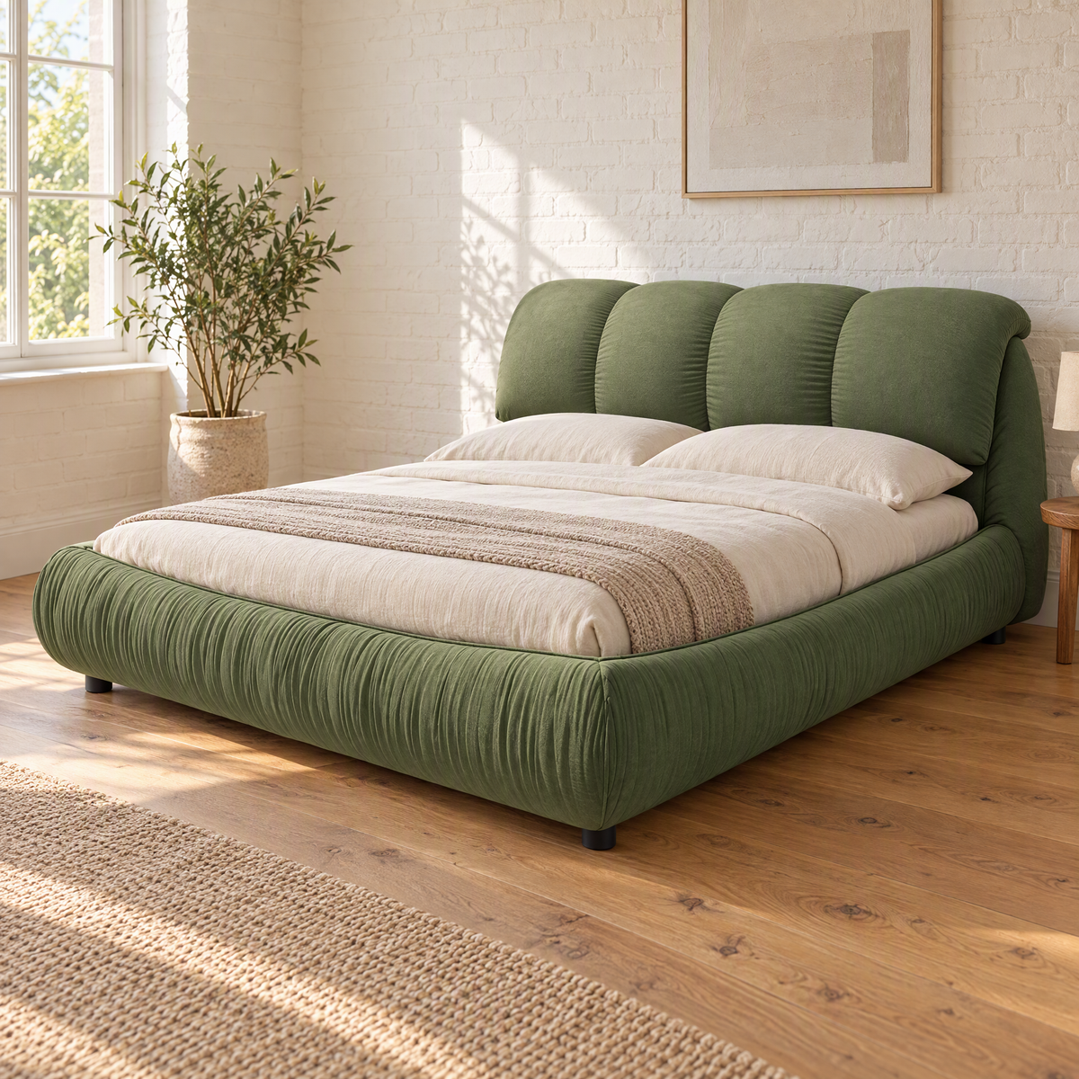 Modern Queen Size Luxury Upholstered Adjustable Platform Bed with Oversized Tufted Padded Backrest and Solid Wood Frame — Green + King