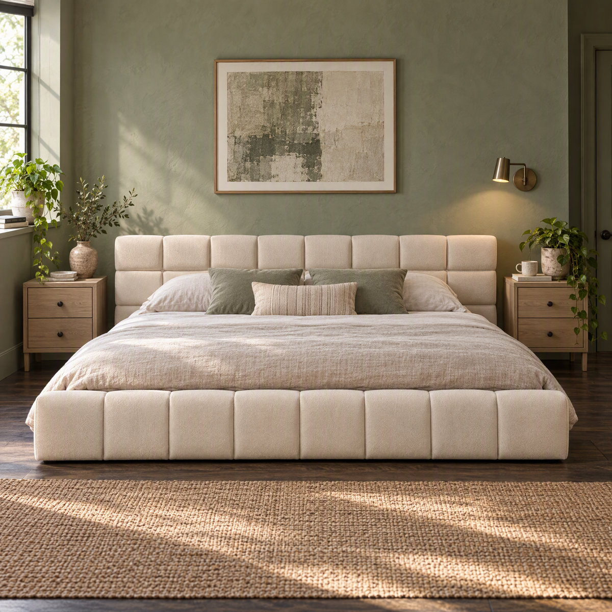 Modern Queen Size Beige Upholstered Bedroom Bed Frame with Checkerboard Design — Beige