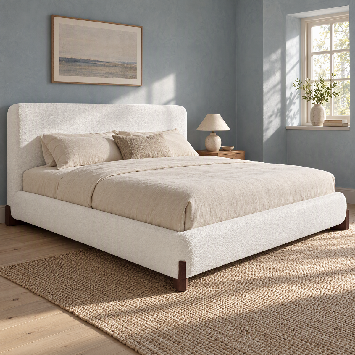 Hot Sale Modern Convertible Soft Bed Italian Minimalist Design King Size Oak Wood Frame Adjustable 5-Year Warranty for Bedroom — White + Boucle + King