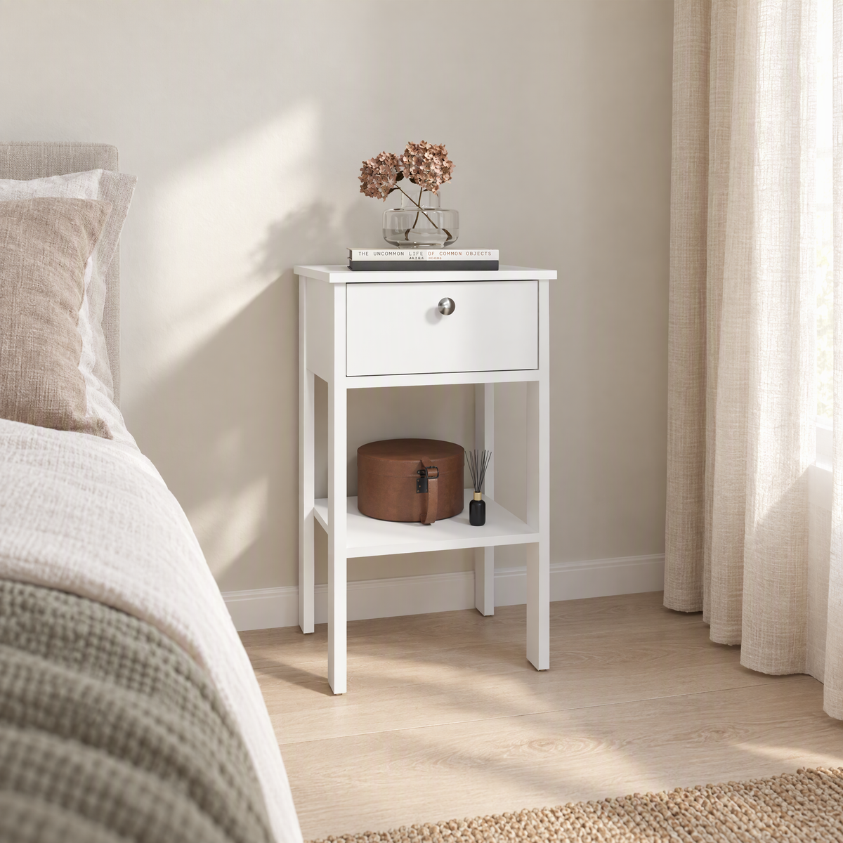 McRae nightstand in White, shown in a naturally lit room
