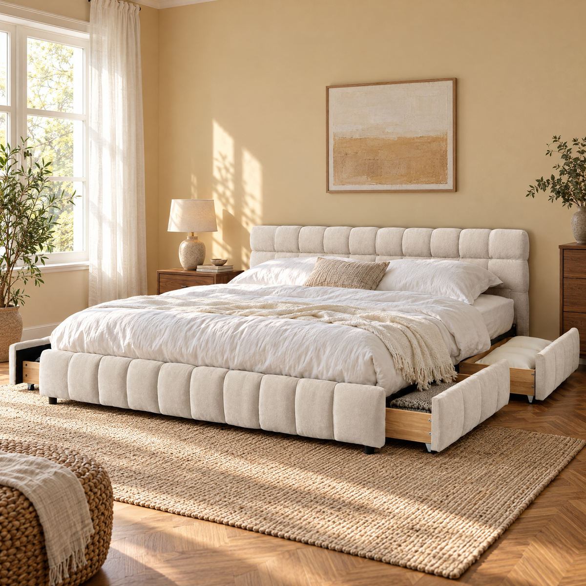 California King Size Upholstered Bed Frame Chenille Fabric Headboard Solid Construction Drawer Beige Sofa Bed with Storage — Beige