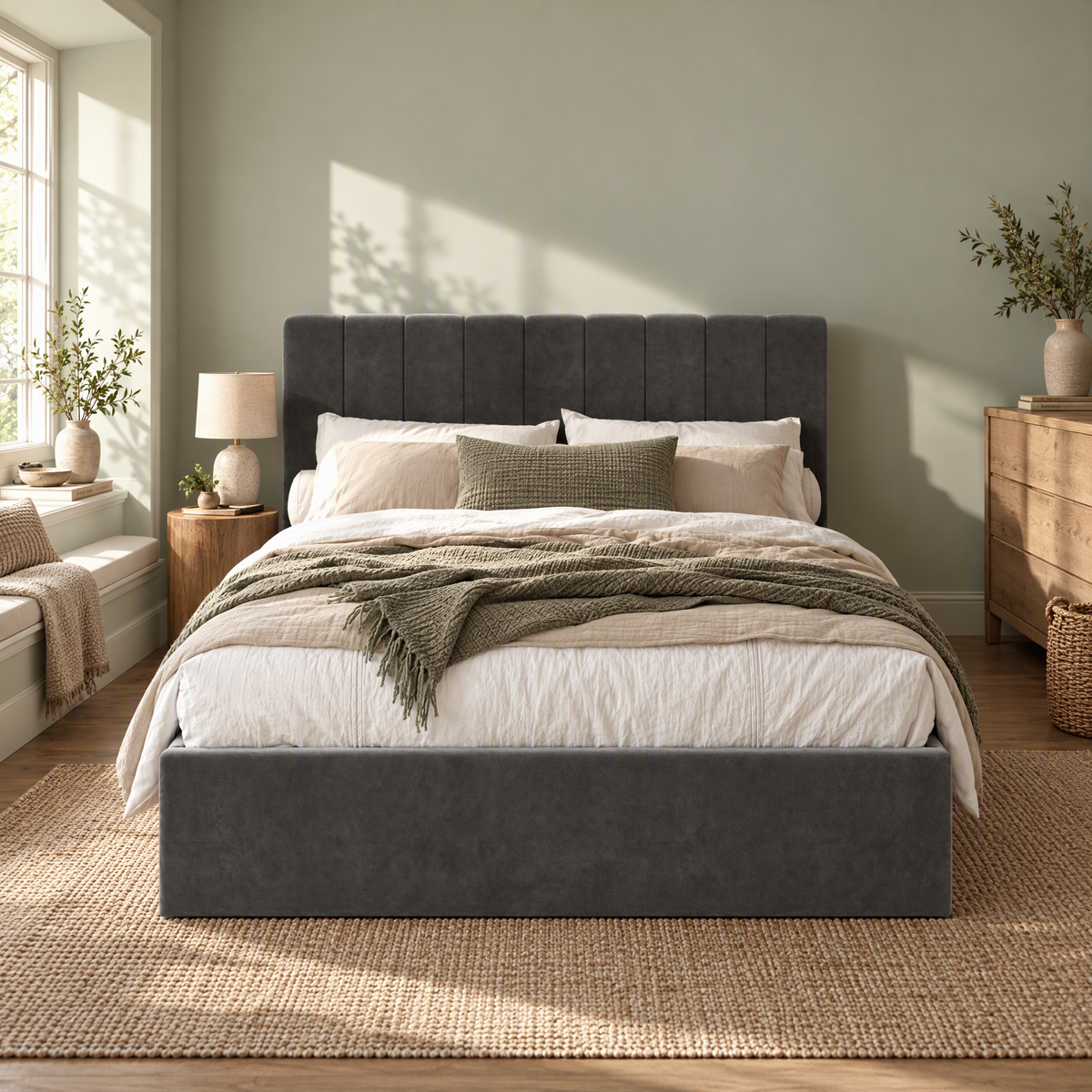 Vertical-channel upholstered beds — Light Gray