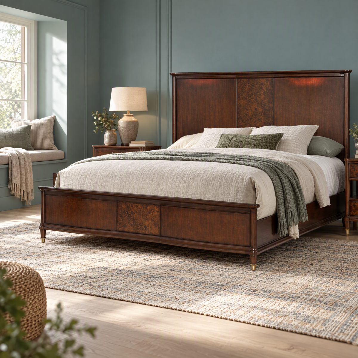 Cherry-panel and upholstered wood beds — Queen Size Bed Dark Cherry Finish