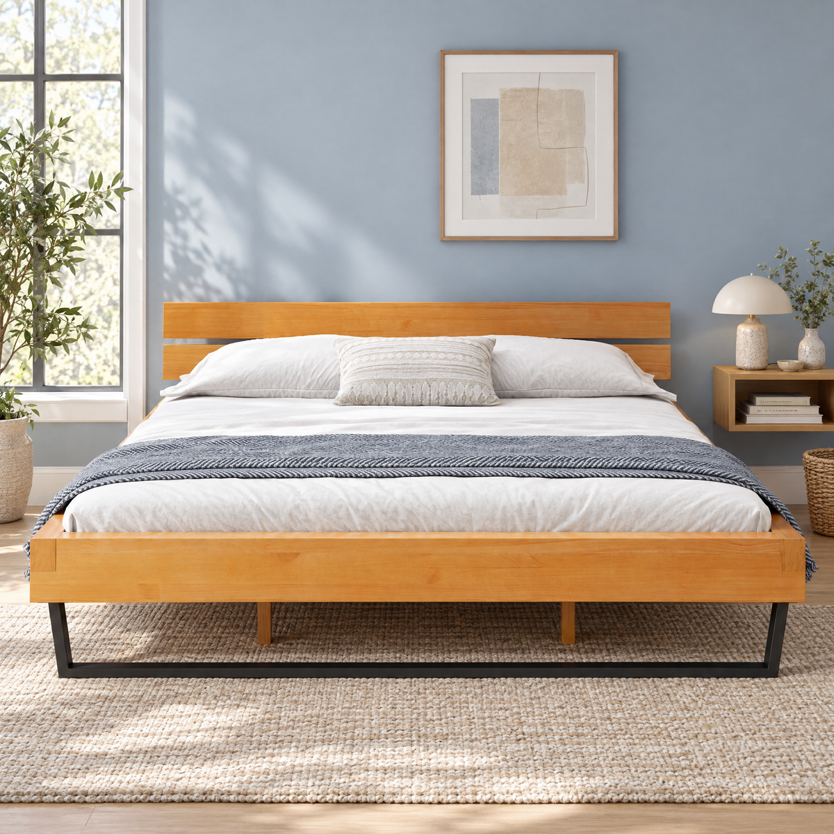 Natural wood low bed with black metal base — 85.50     81.50     27.20   Product weight (pounds):   151.46