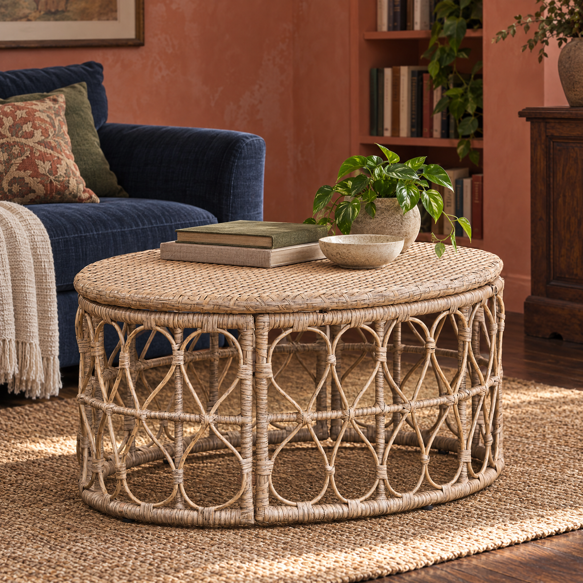 Modern Convertible Rattan Coffee Table-Durable Living Room Furniture — Brown