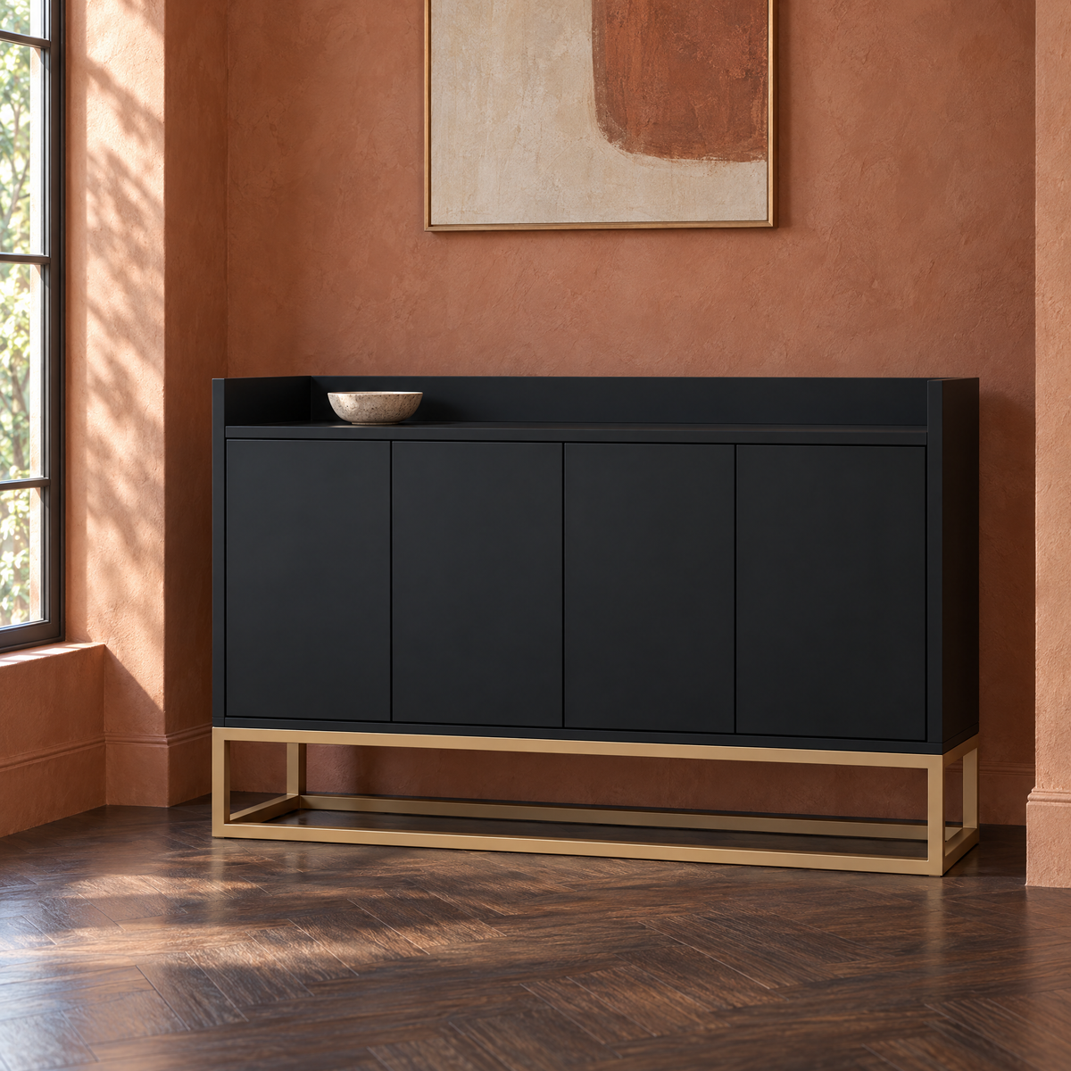Four-door sideboard on brass-tone rectangular base — Black Color