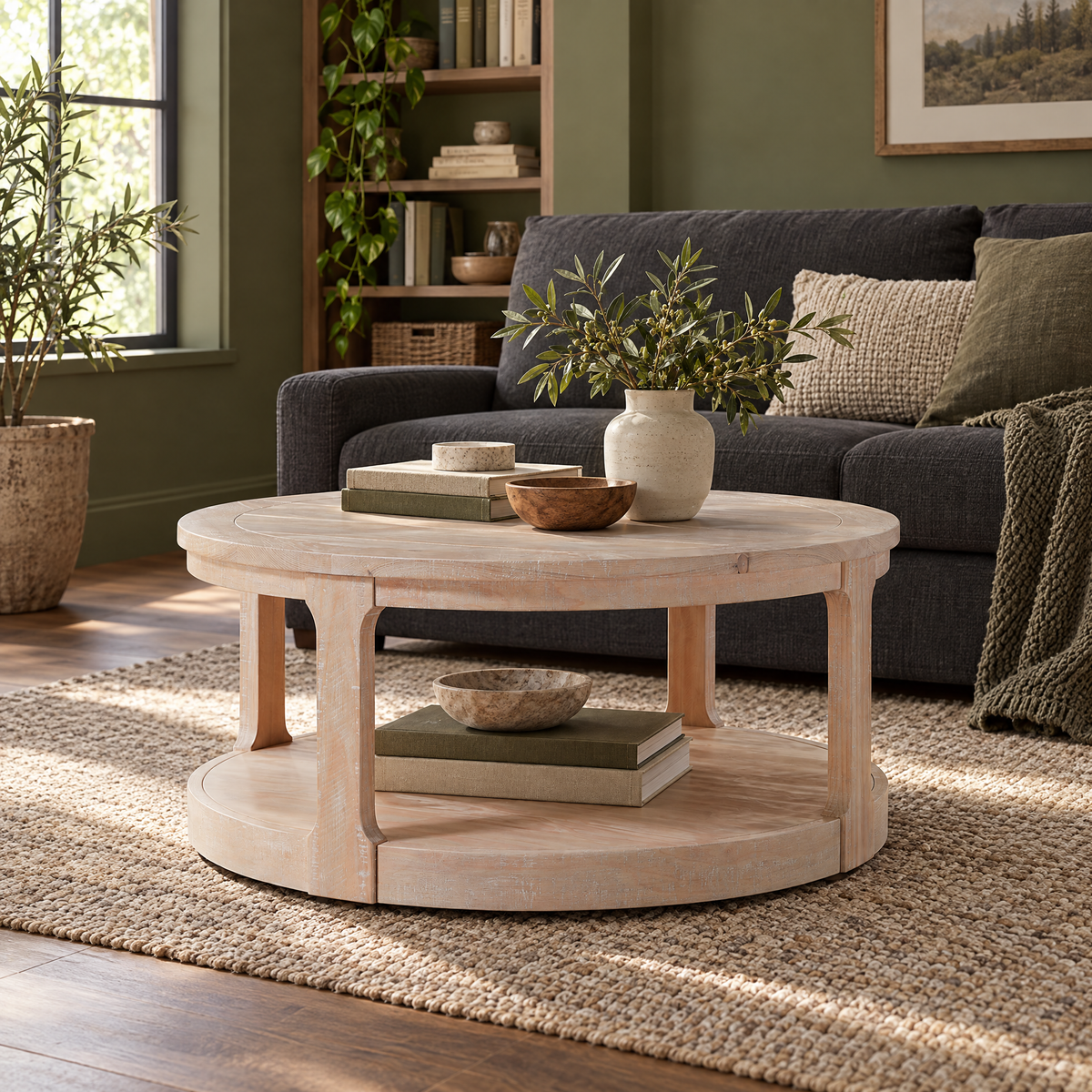 Round two-tier pale wood coffee table — Oak