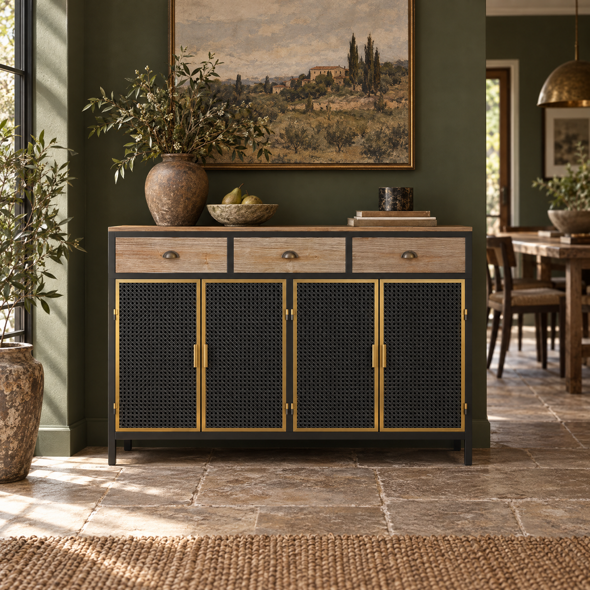 48\" Wide 4-Door Modern Sideboard with 3 Top Drawers for Living Room Furniture Entryway Floor Cabinet Storage — Dark Gray