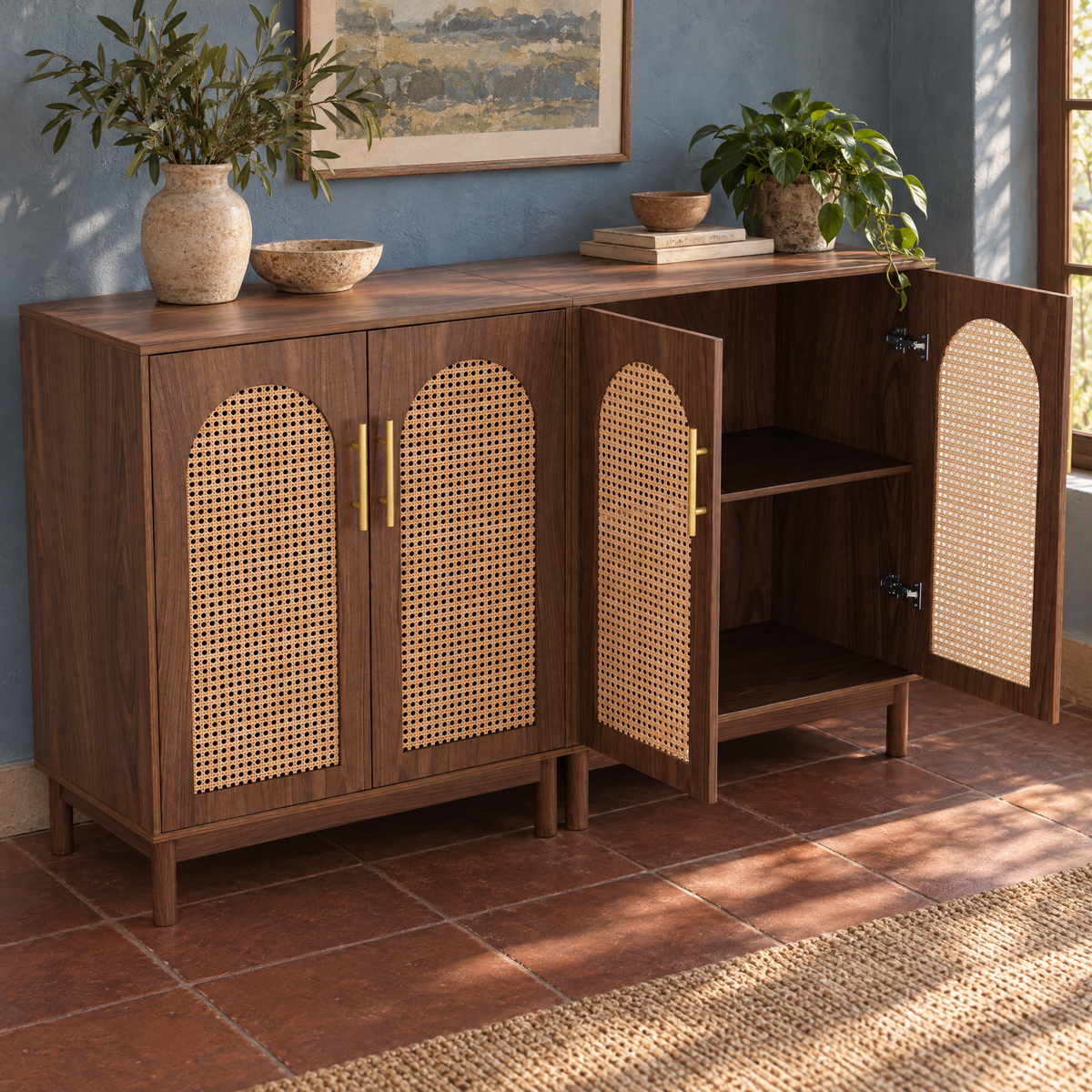 Kitchen Cabinet Furniture 150cm Modern Rustic Brown Wood Rattan Sideboard for Living Room Dining Room — Brown