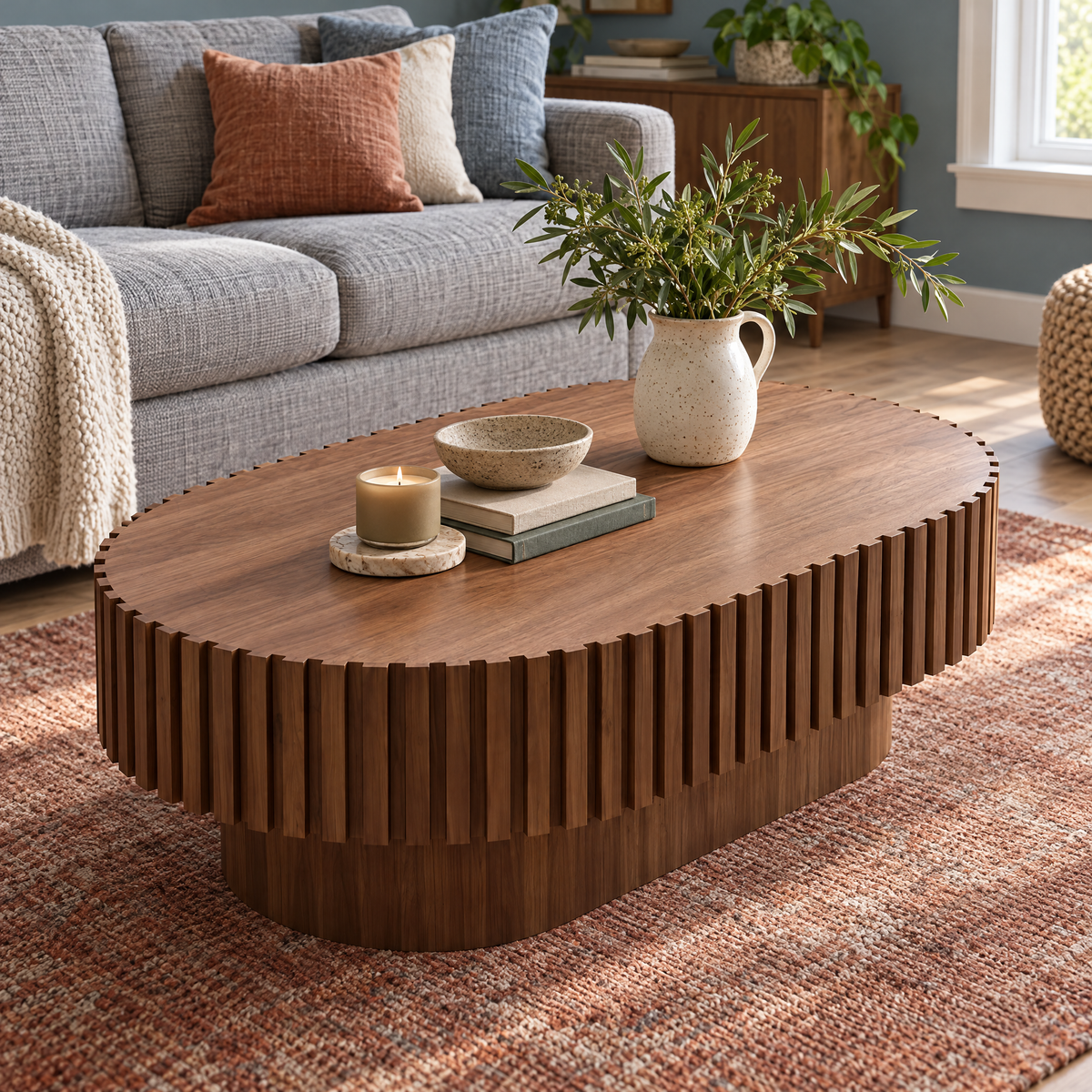 Oval ribbed walnut-tone coffee table — Color