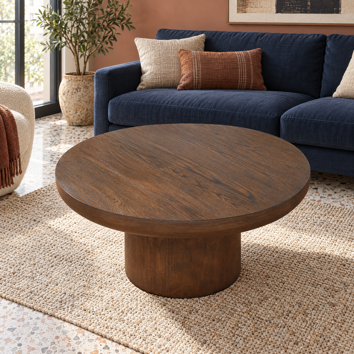 Modern Round Coffee Table with Cylindrical Legs MDF Tabletop Eco-Friendly Storage Design for Living Room & Office Brown — Dark Brown