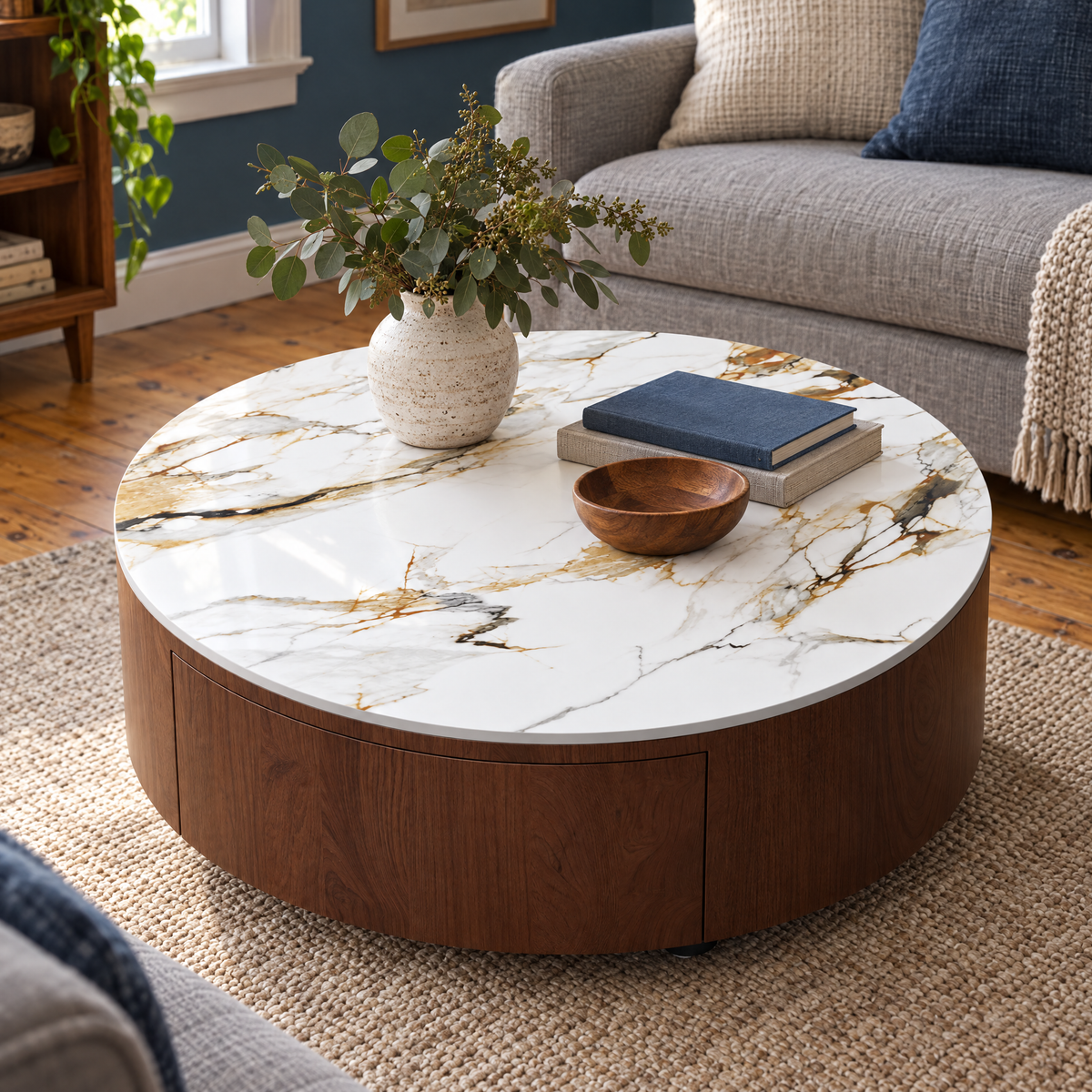 Round Coffee Table with Sintered Stone Top Modern Living Room Center Table — Color