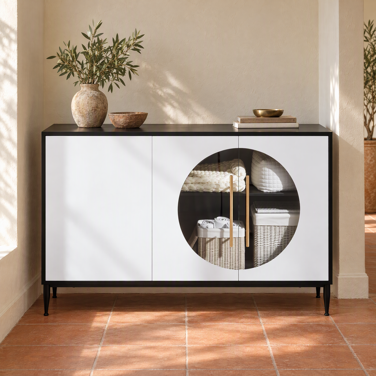 White and black circular-glass sideboard — White+Black Color