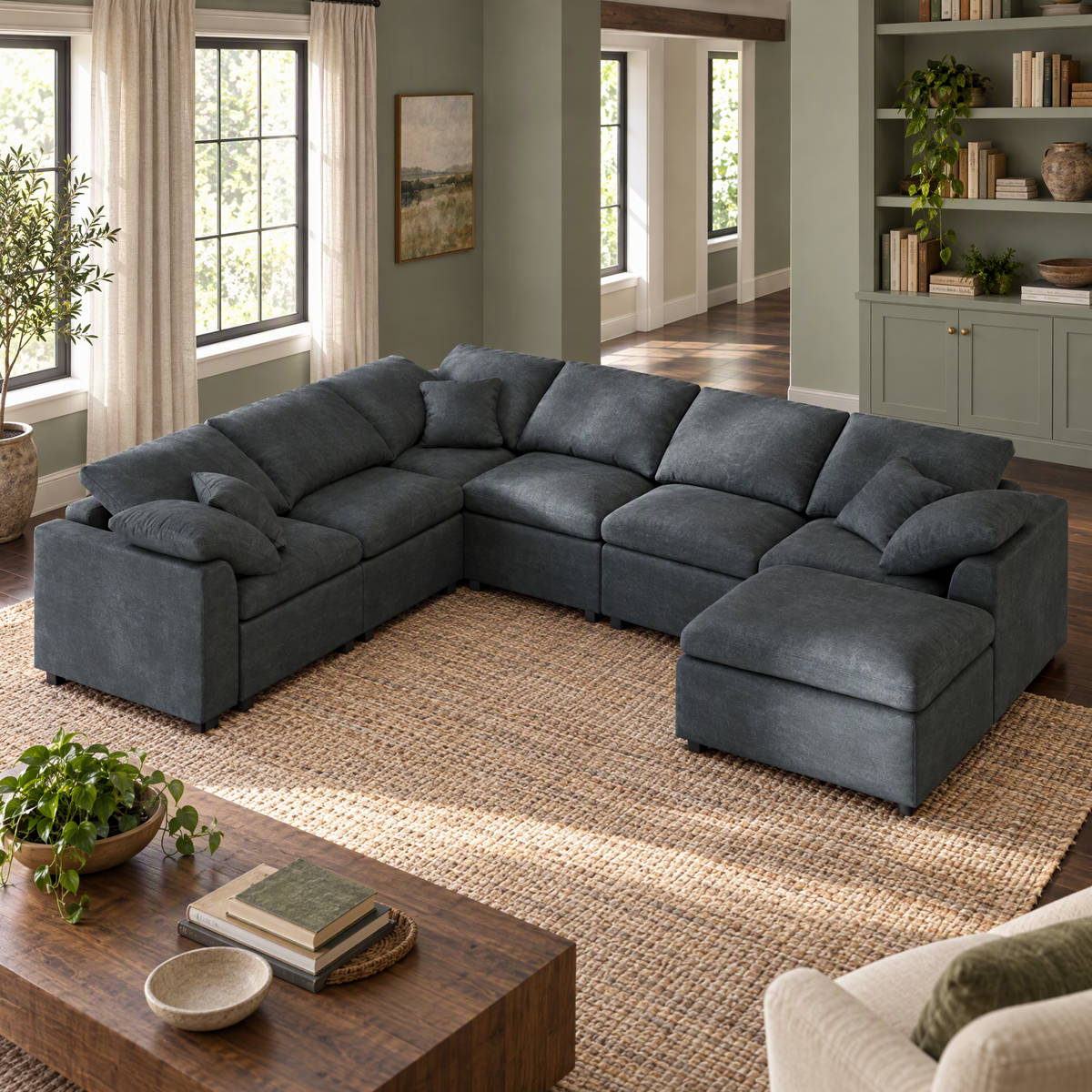 7-Seater Modular Sectional Sofa Set U-Shape Design Movable Ottoman Plush Chenille Fabric Reclining for Apartment Hotel Use — Gray + Chenille + 7 Seat