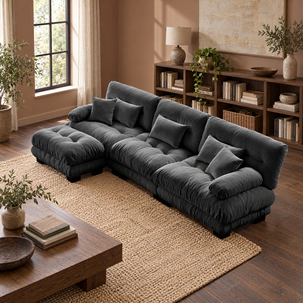 Luxury Modular Sectional Sofa Set Oversized Square Fabric Sofa with Deep Seat Convertible Ottoman for Apartment Living Room — Gray + Chenille + 3 Seat 1