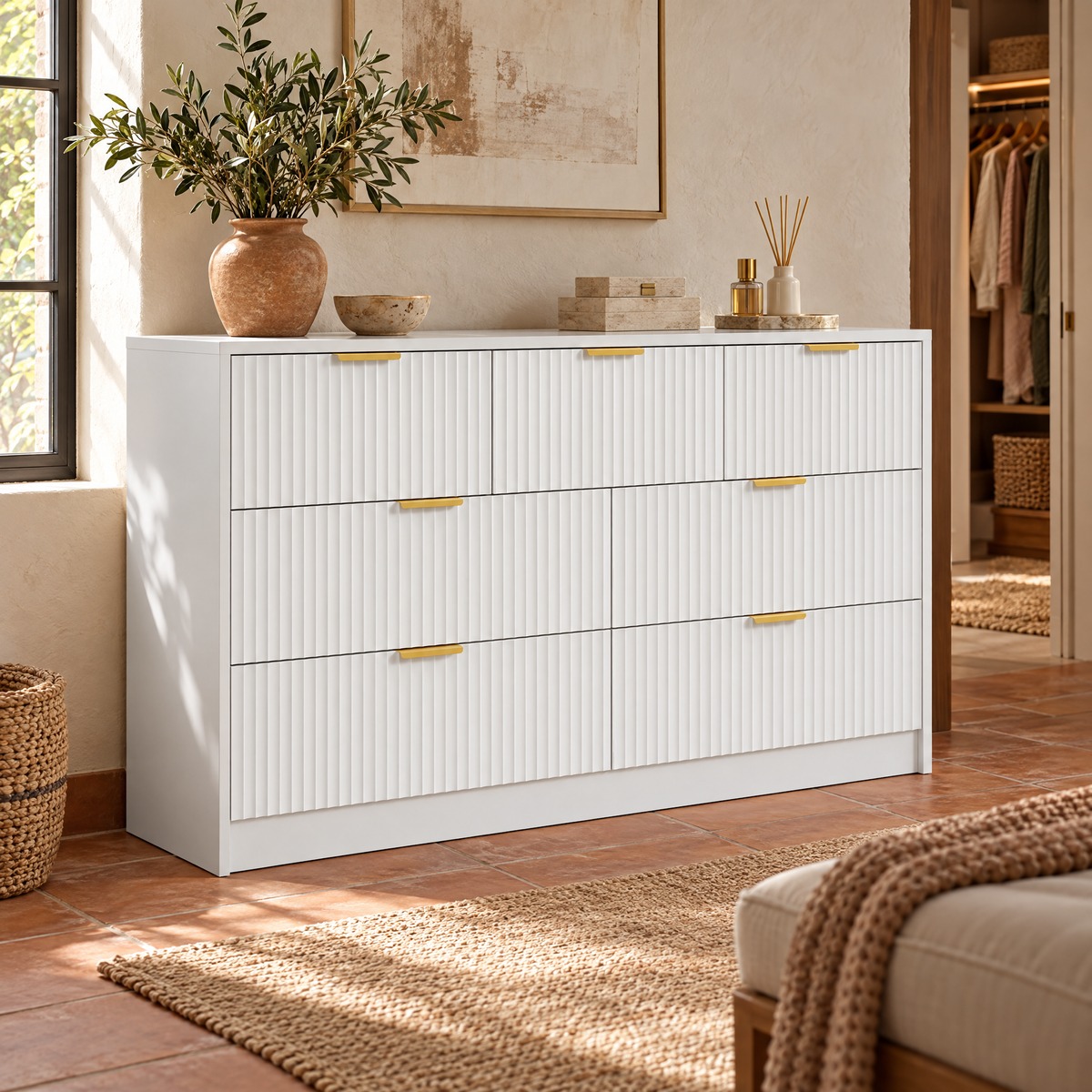Modern 7-Drawer Dresser for Bedroom or Living Room Wood Storage Cabinet with Metal Handles Stylish Closet — White Color