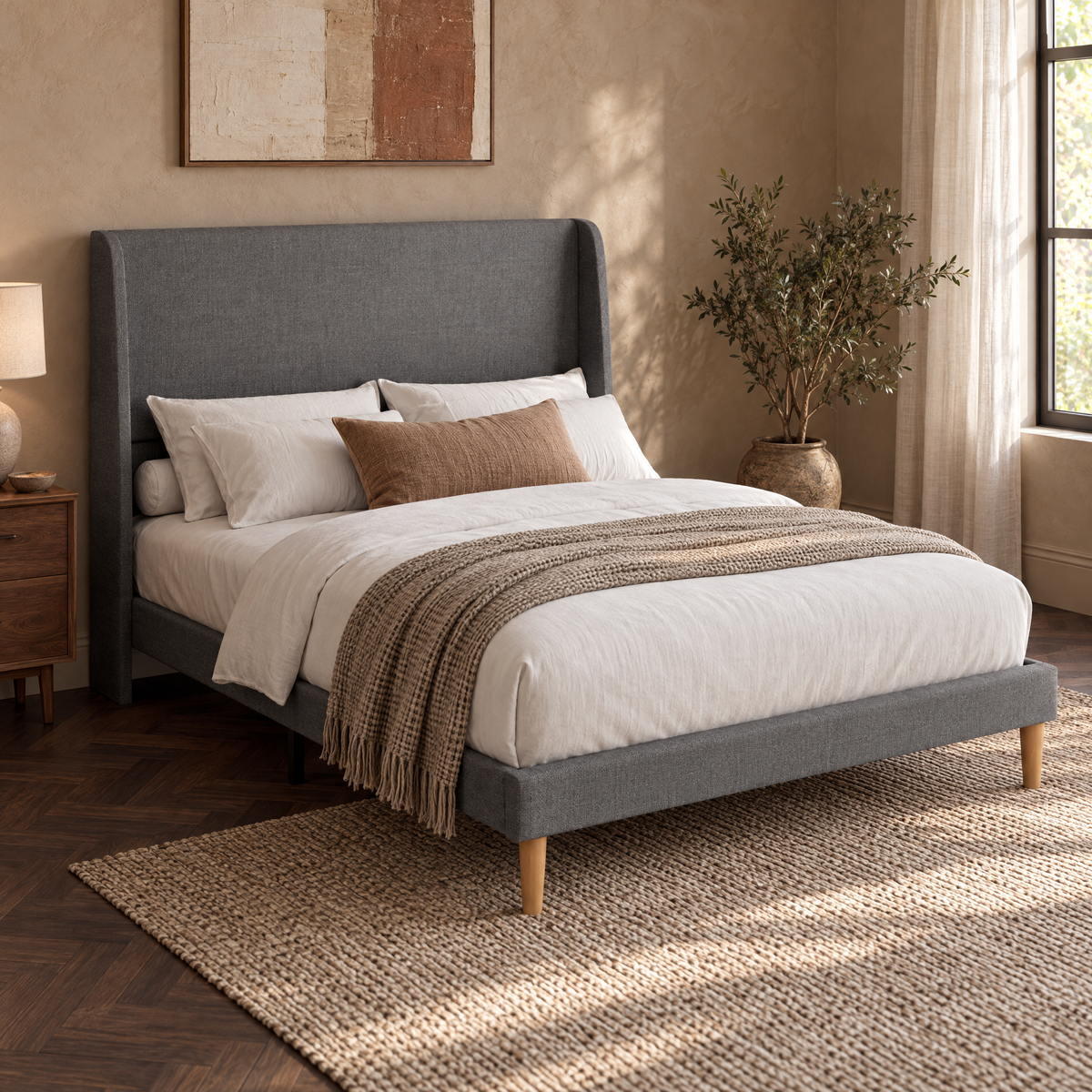 Modern Beige Upholstered Platform Bed Frame with Tall Headboard Solid Wood Legs for Bedroom Furniture — Dark Gray