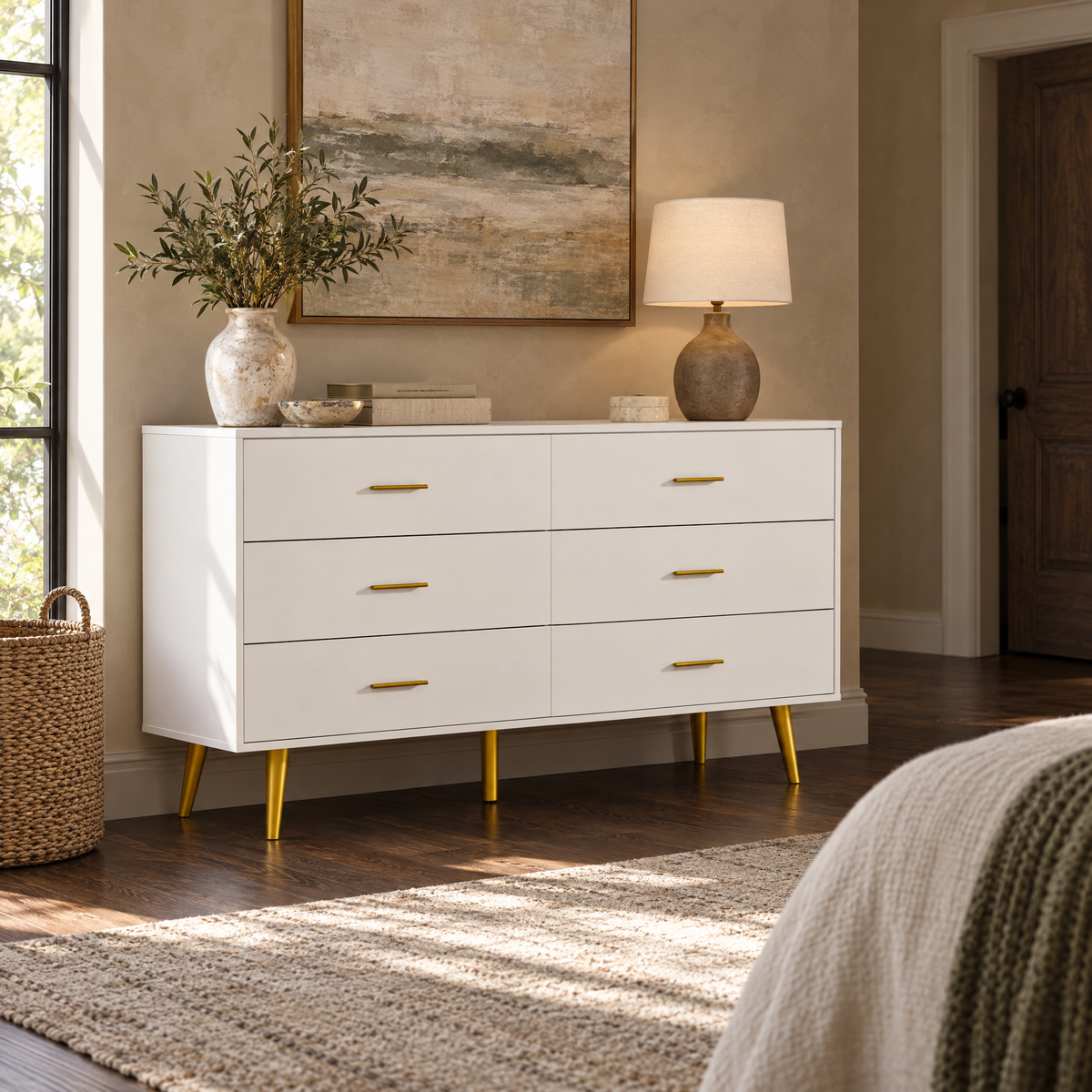 Modern 6-Drawer Dresser for Bedroom or Living Room Wood Storage Cabinet with Black Handles Stylish Closet — White Color