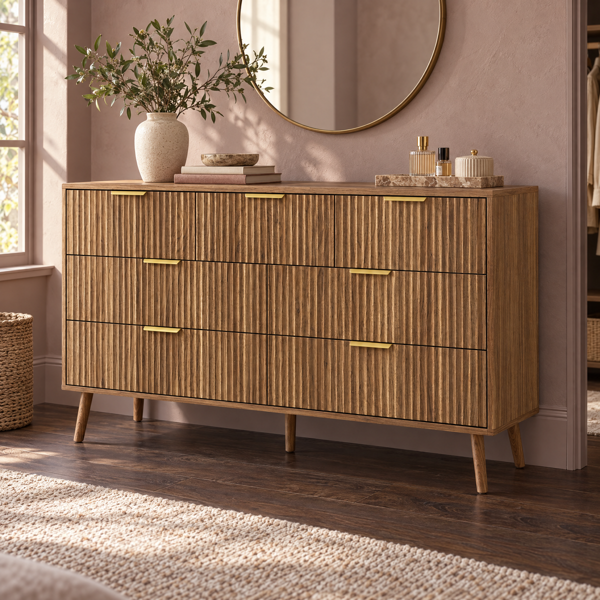 Modern 7-Drawer Dresser with Metal Handles Wood Storage Cabinet for Bedroom or Living Room Closet — Walnut Color