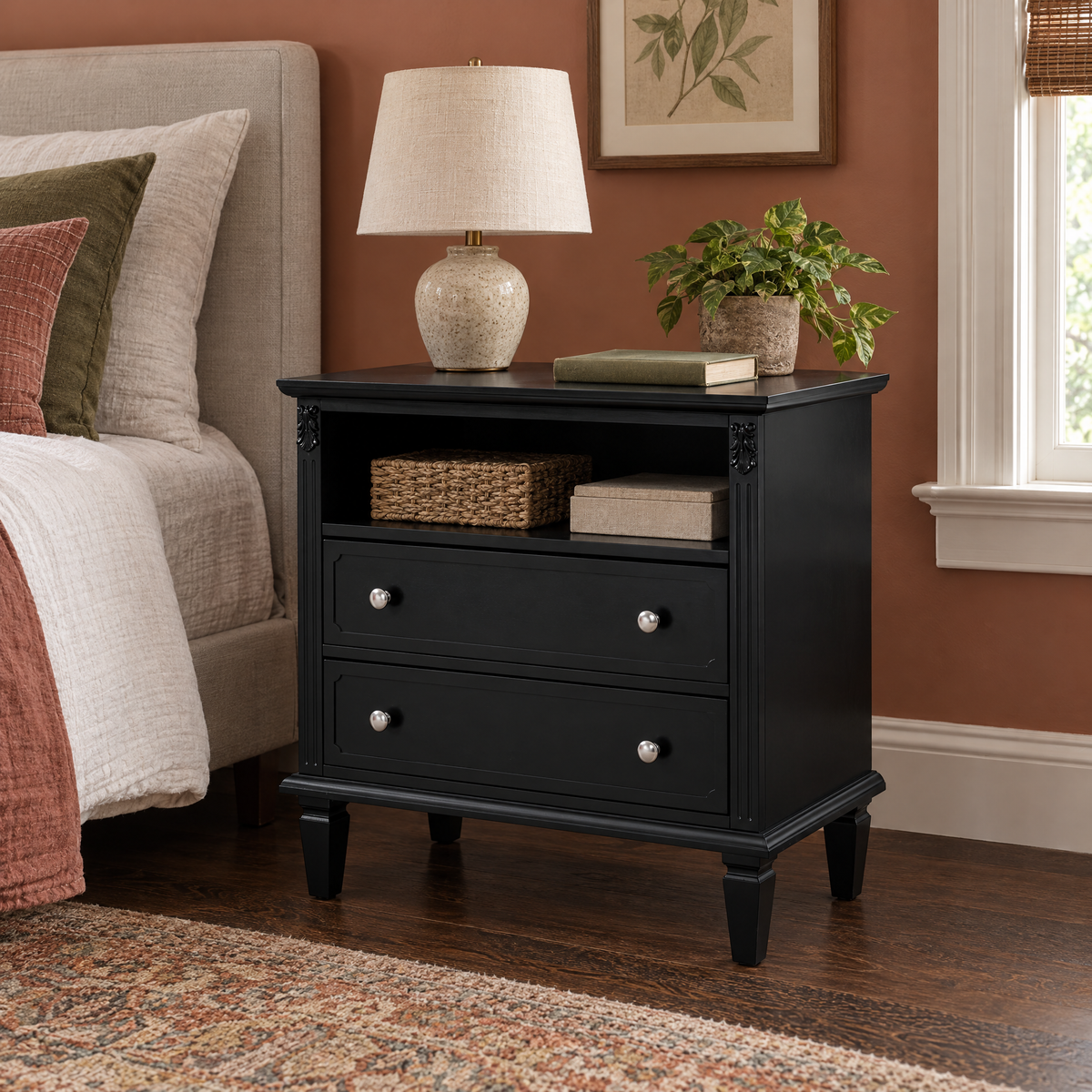 Open Space 2-Drawer Solid Wood Dresser Nightstand USB Charging Station Fluted Pilasters Outlets Bedroom End Table Farmhouse — as Pic Color