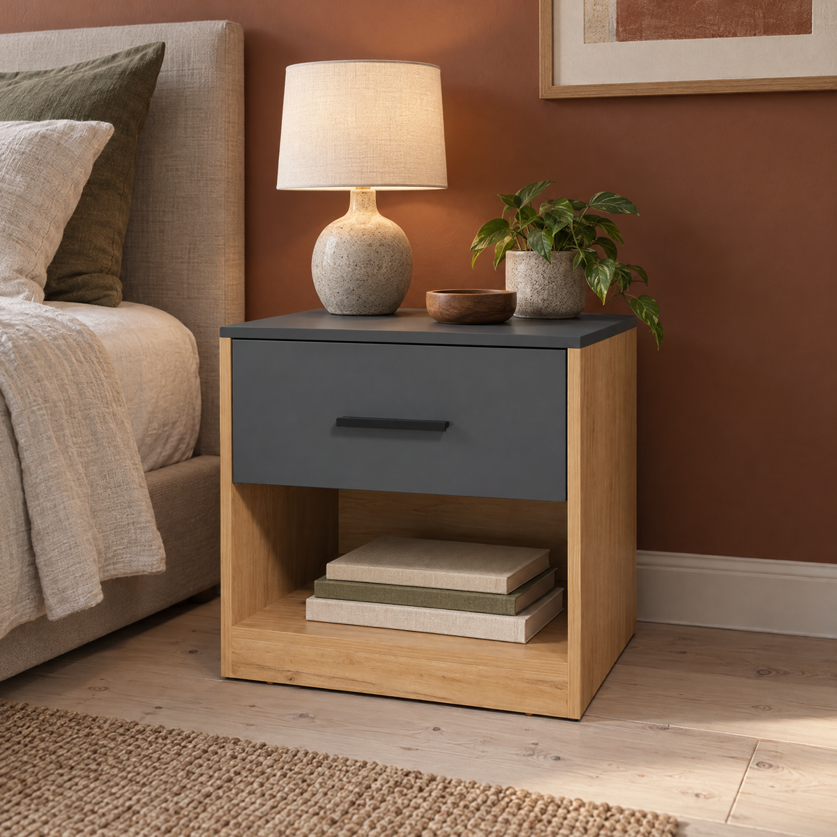 Solomon Natural Oak and Matt Grey Nightstand with Drawer — as Pic Color