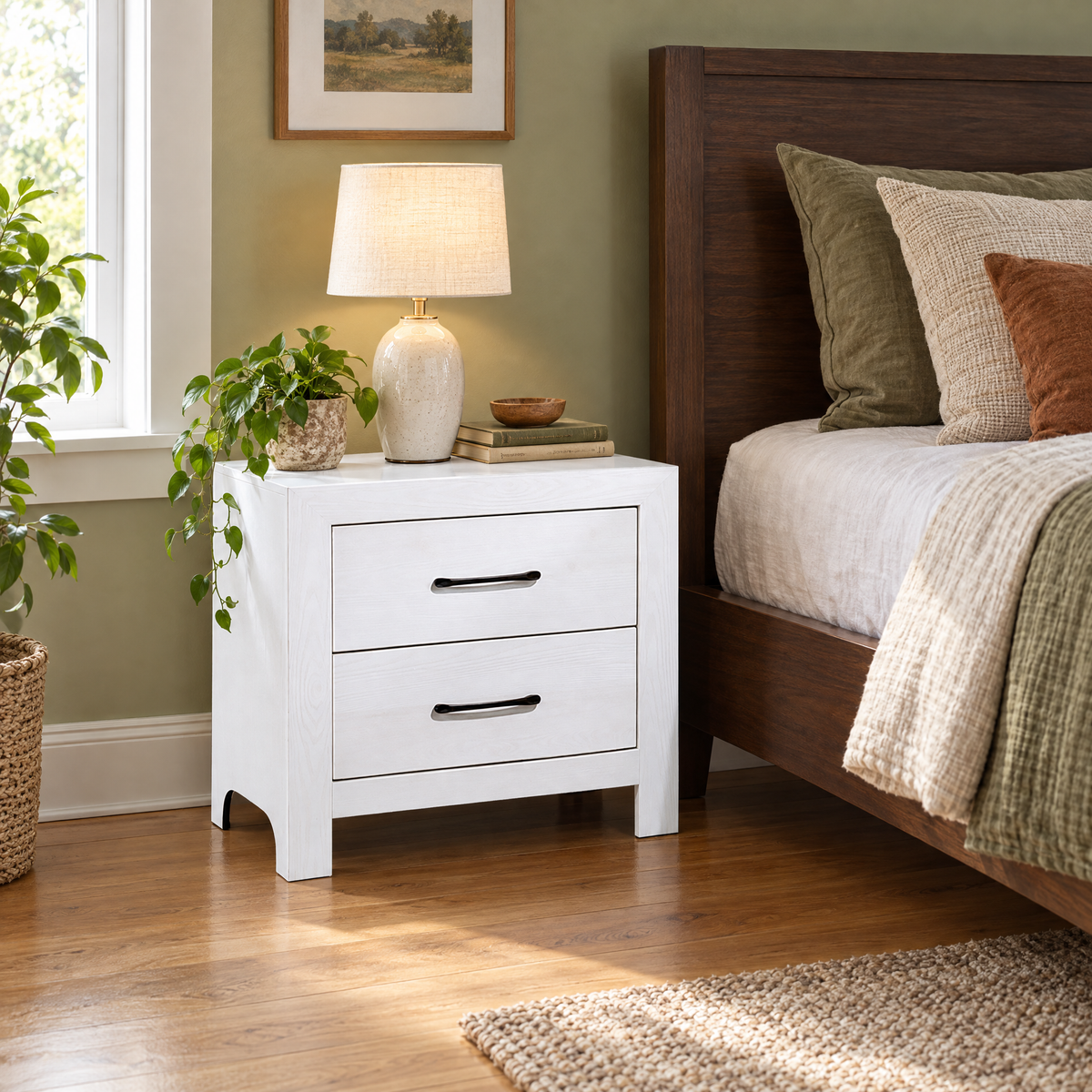 Modern White Wooden Bedroom Furniture 1pc Nightstand with 2x Drawers Black Hardware — as Pic Color