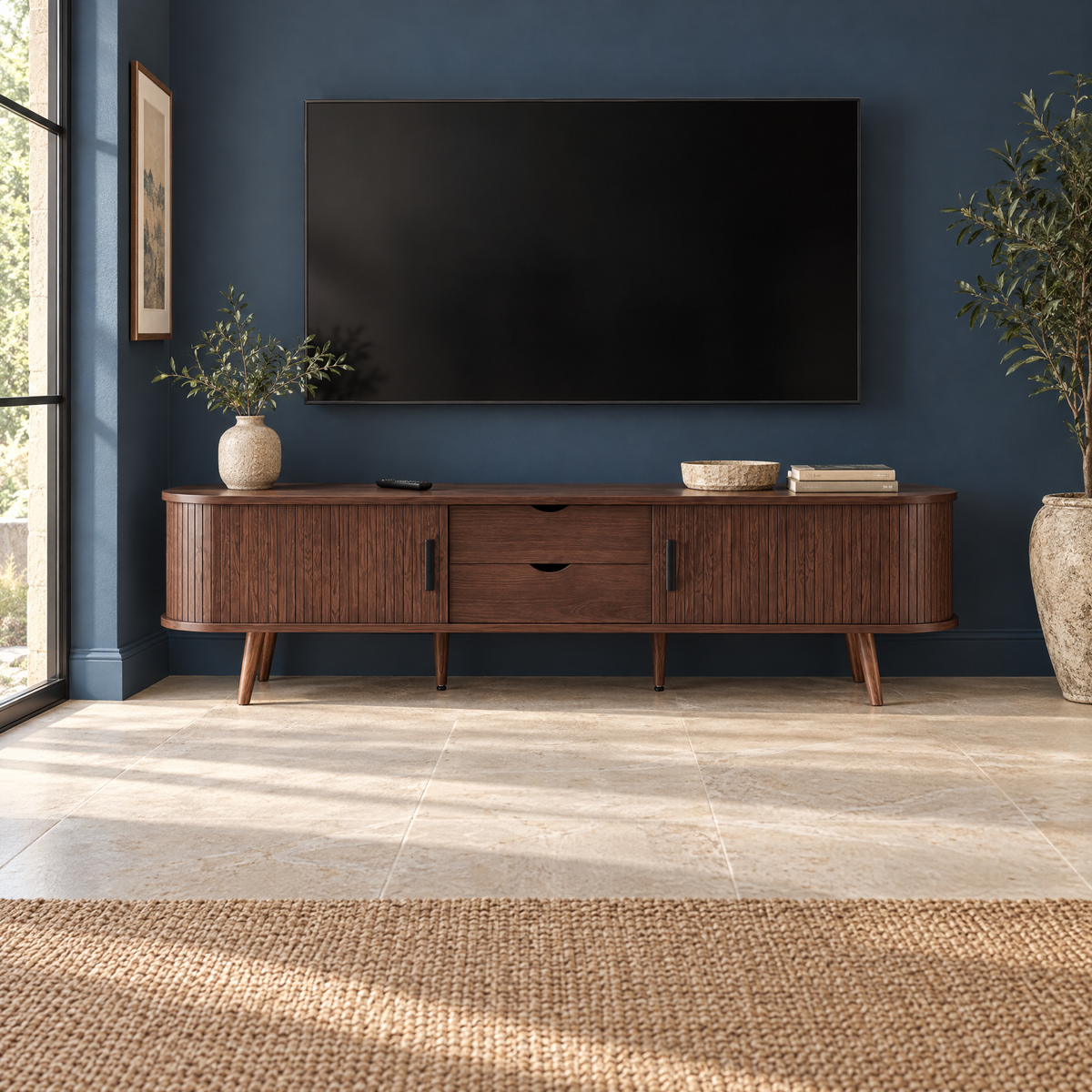 Mid Century Modern MDF TV Stand with Tambour Doors Drawers Power Outlet-Eco-Friendly Storage for 80 Inch TVs Living Room Bedroom — Brown
