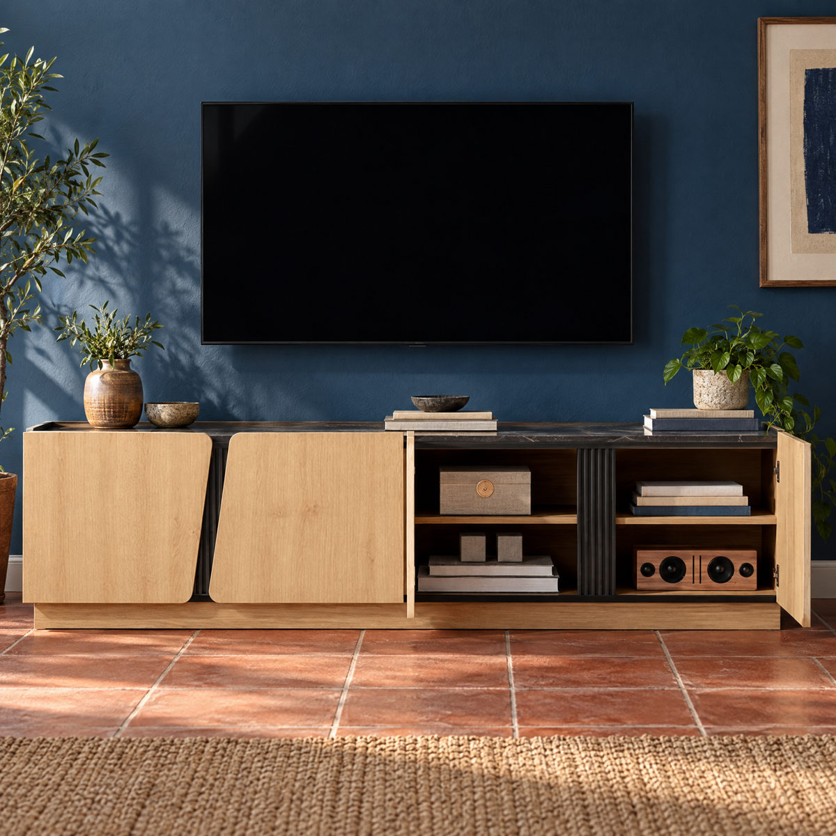 Modern Mid-Century TV Stand Storage Cabinet with Rounded Corners Marble Contrast Top Adjustable Interior Shelves for Living Room — Oak + Particle Board+MDF