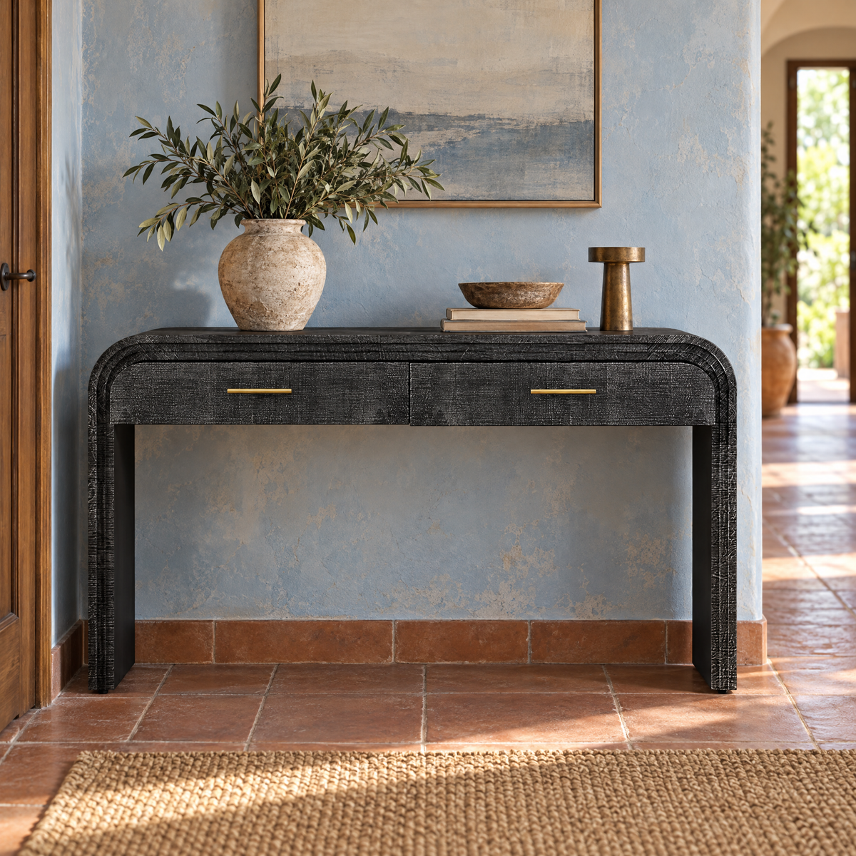 Unique Modern Silhouette Solid Wood Console Table with Open Style Two Top Drawers for Living Room Furniture — 1