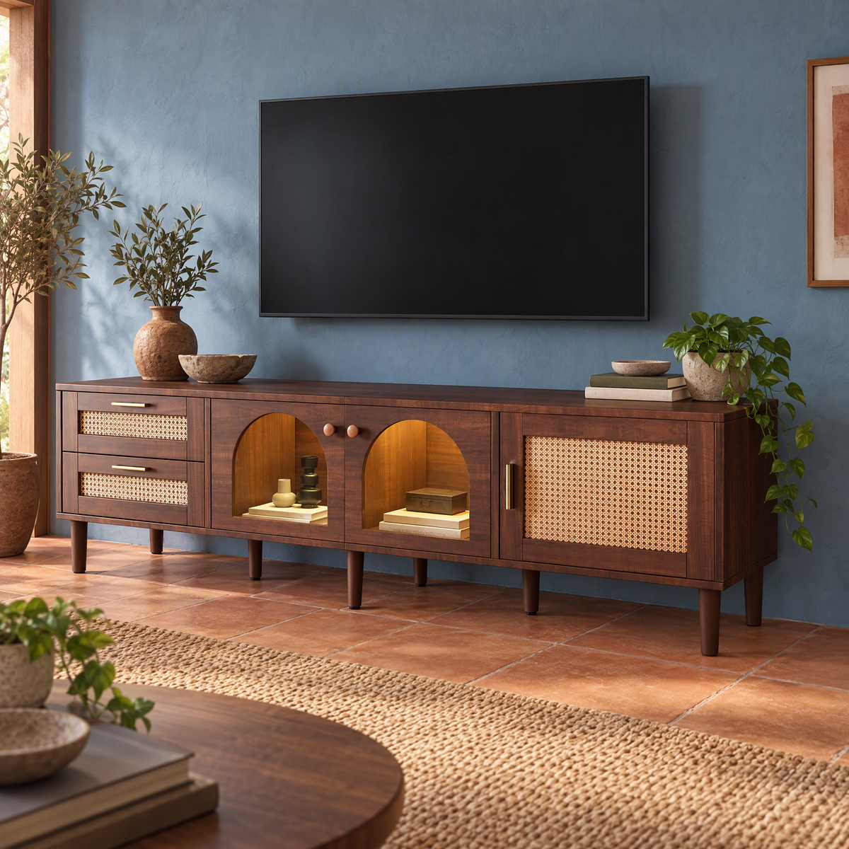 Rattan Wood Tone  Brown TV Stand with 3 Cabinets & 2 Drawers, Rattan-inspired Media Console Table for TVs — Dark Brown + MDF+glass + 60-69 inches + 70-79 inches