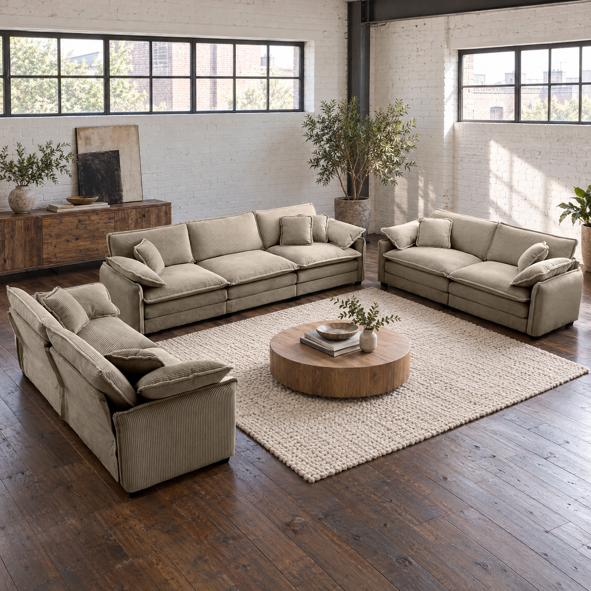 Modern 3-Piece Living Room Sofa Set Two 2-Seater & One 3-Seater Large Deep Seat Upholstery Customizable Sofas — as Pic Color