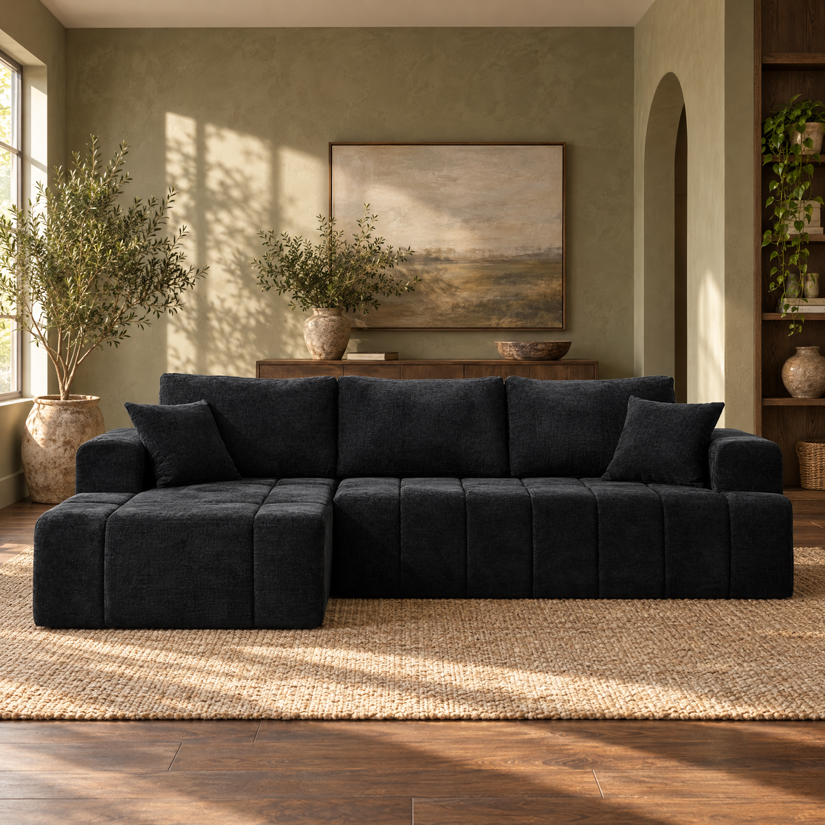 Spot Cross-border Skeleton-free L-shaped Chenille Modular Cloud Sofa Sofa Combination Factory Direct Sales — Black  L-shaped sofa on the left side