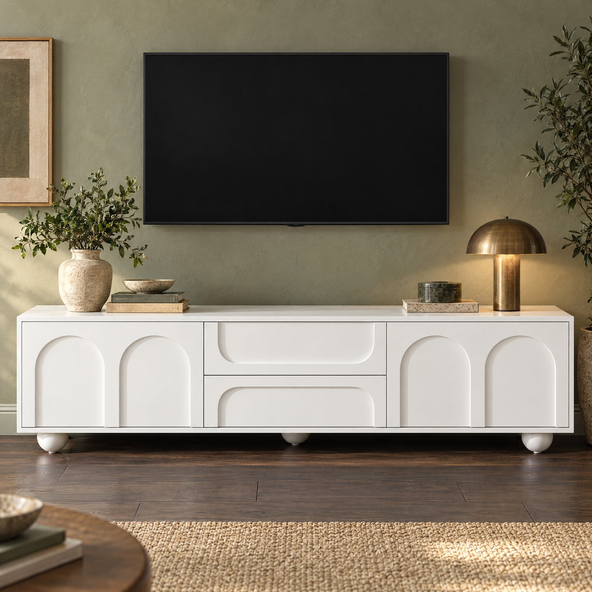 ON-TREND Modern MDF TV Stand with Arched Doors 2 Drawers Wood Shelves 75" Fits Minimalist Media Console for Living Room Bedroom — Color