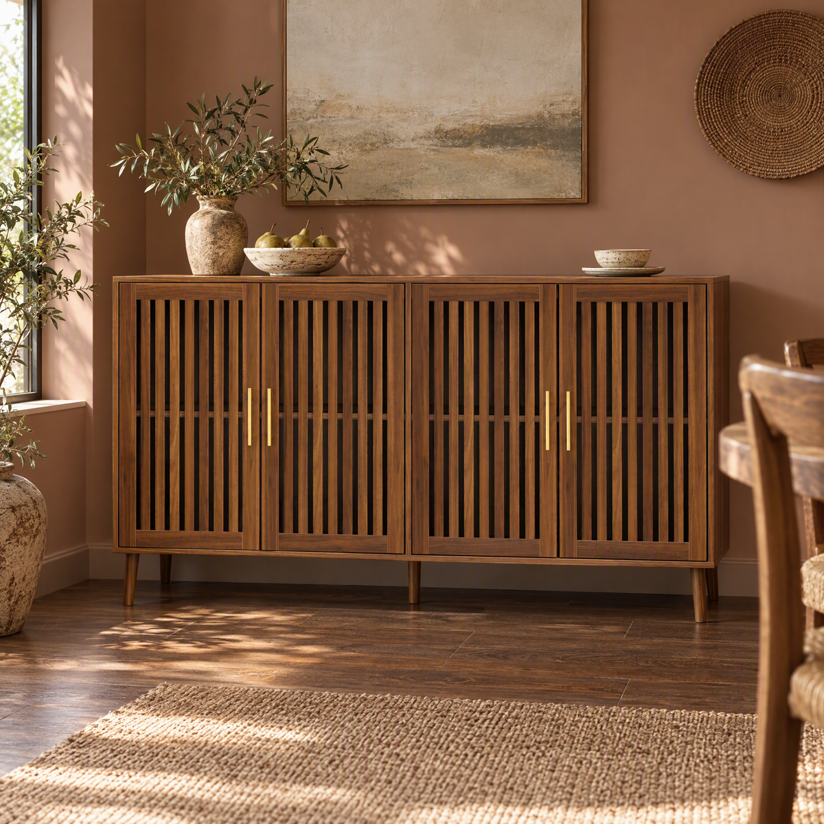 63 Inch Walnut Sideboard Buffet Cabinet With Storage ,Grille-Striped 4 Doors Sideboard — Walnut + Particle Board+MDF