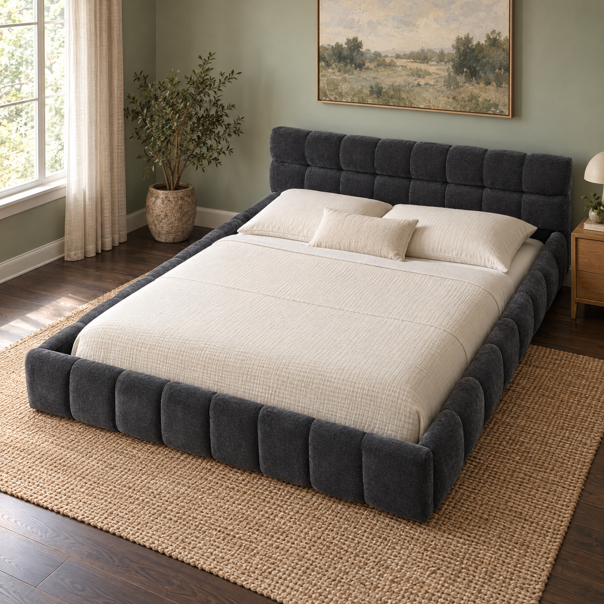 M Queen Size Upholstered Bed Frame Durable Bedroom Furniture Chenille Fabric Platform Bed Frame with Tufted Headboard — Dark Gray